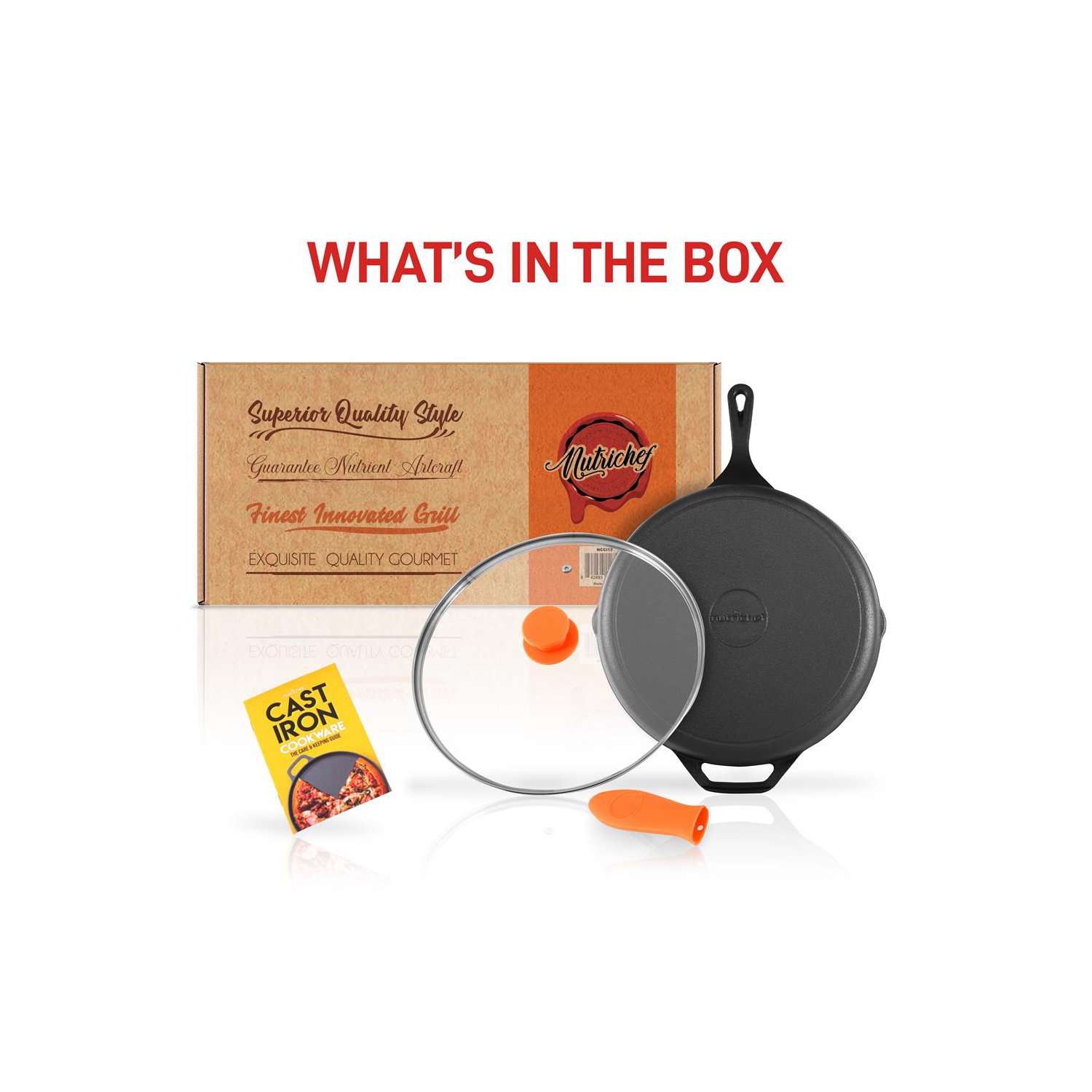 12'' Pre-Seasoned Cast Iron Pan - Fry Pan with Glass Lid & Silicone Handle