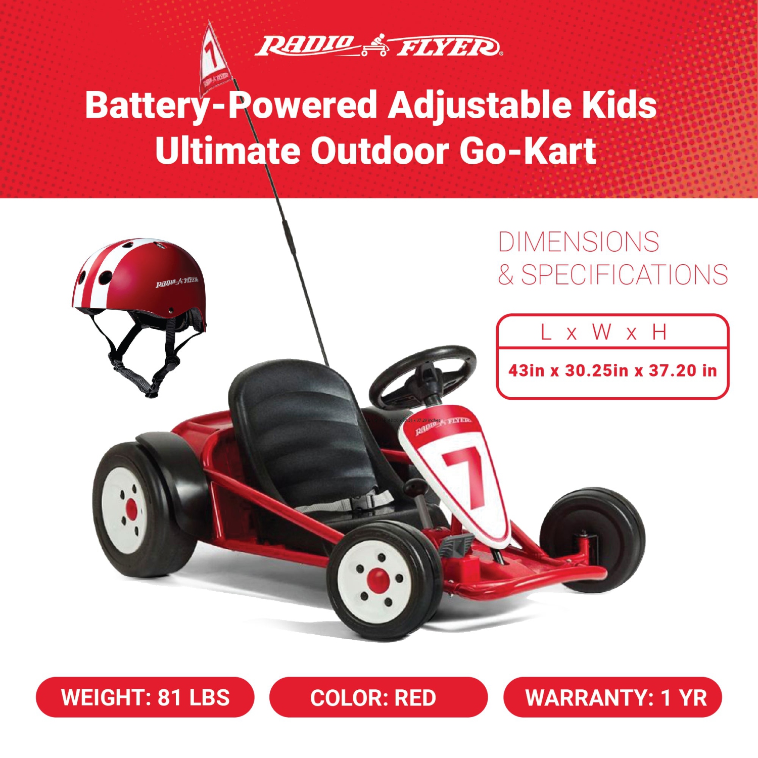 Radio Flyer – Kart à l’extérieur ajustable et alimenté par piles pour enfants, 941HZ, rouge