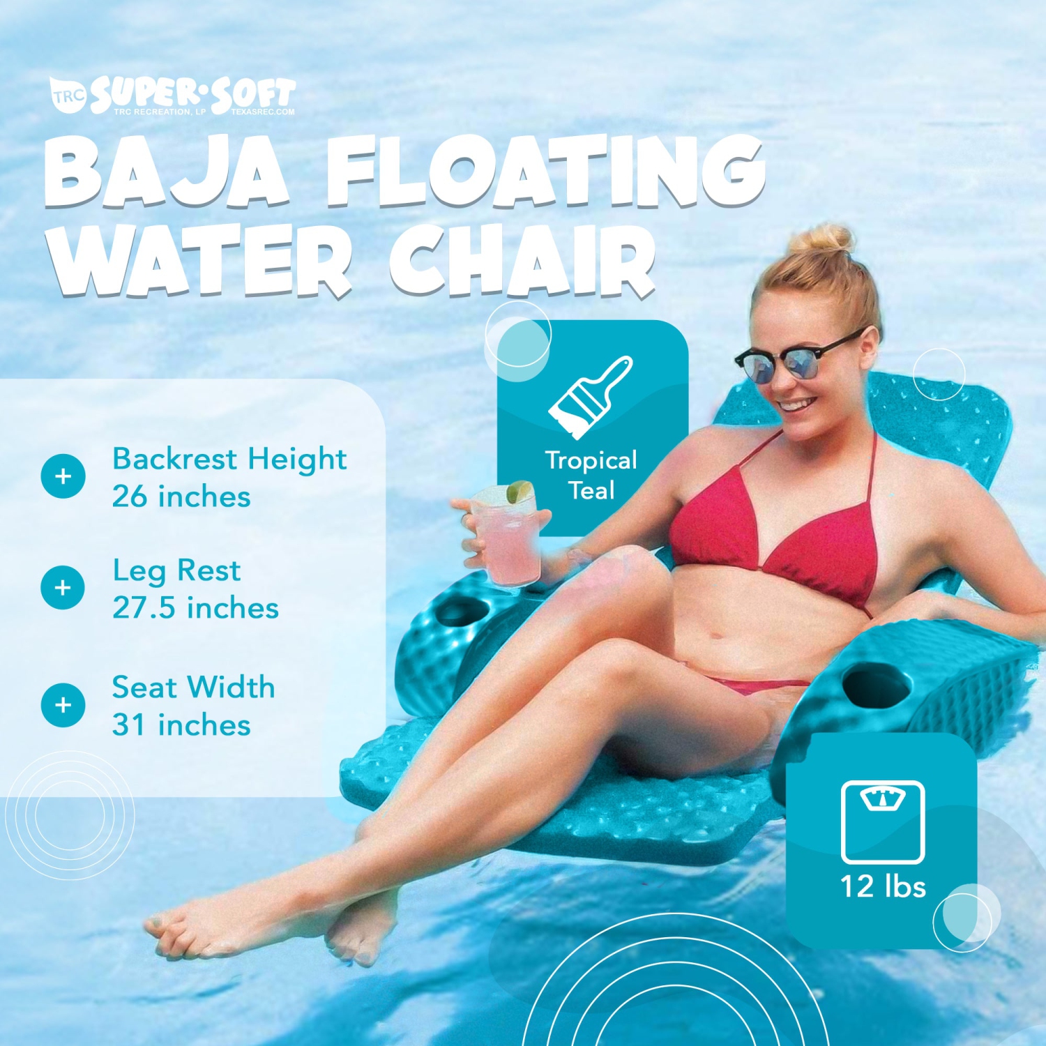 TRC Recreation – Chaise pliante Baja pour piscine, fauteuil flottant, sarcelle tropicale