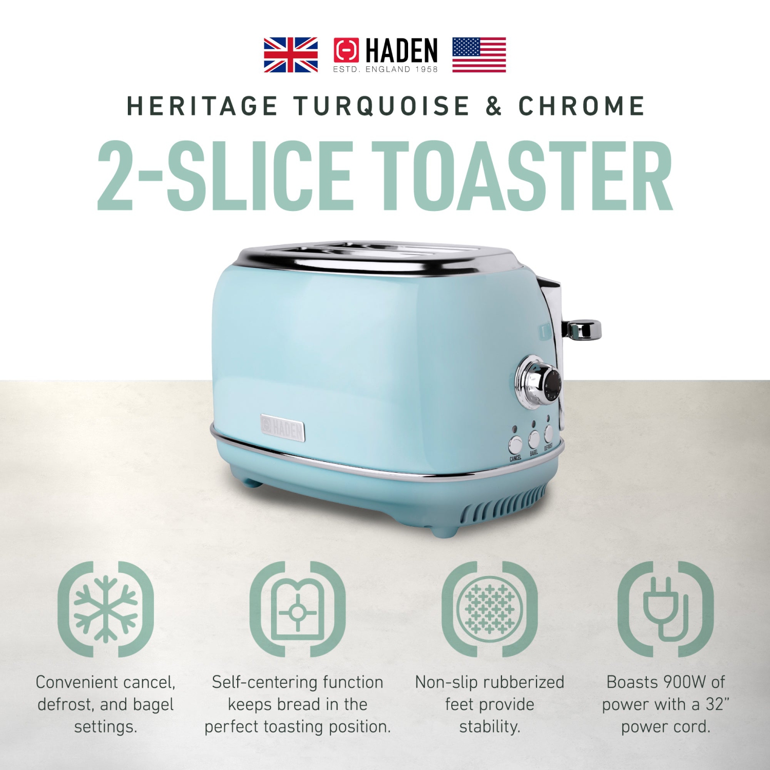 Haden Heritage 2 Slice Wide Slot Stainless Steel Toaster, Turquoise & Chrome