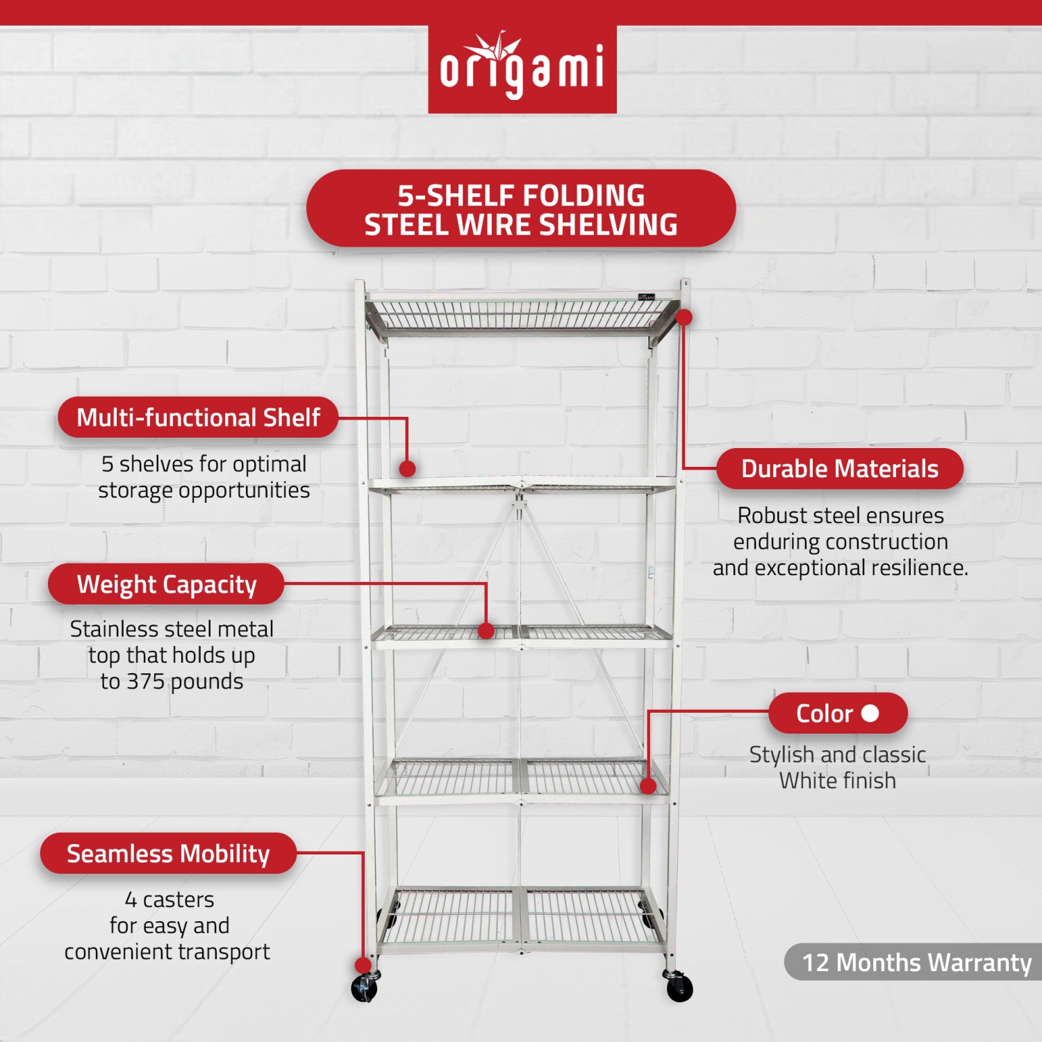 Origami Large Wheeled 5-Shelf Folding Steel Wire Shelving, White