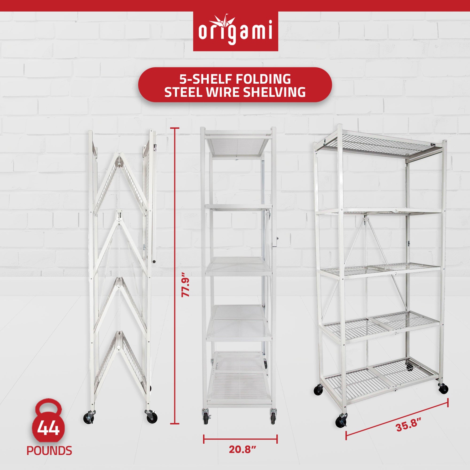 Origami Large Wheeled 5-Shelf Folding Steel Wire Shelving, White