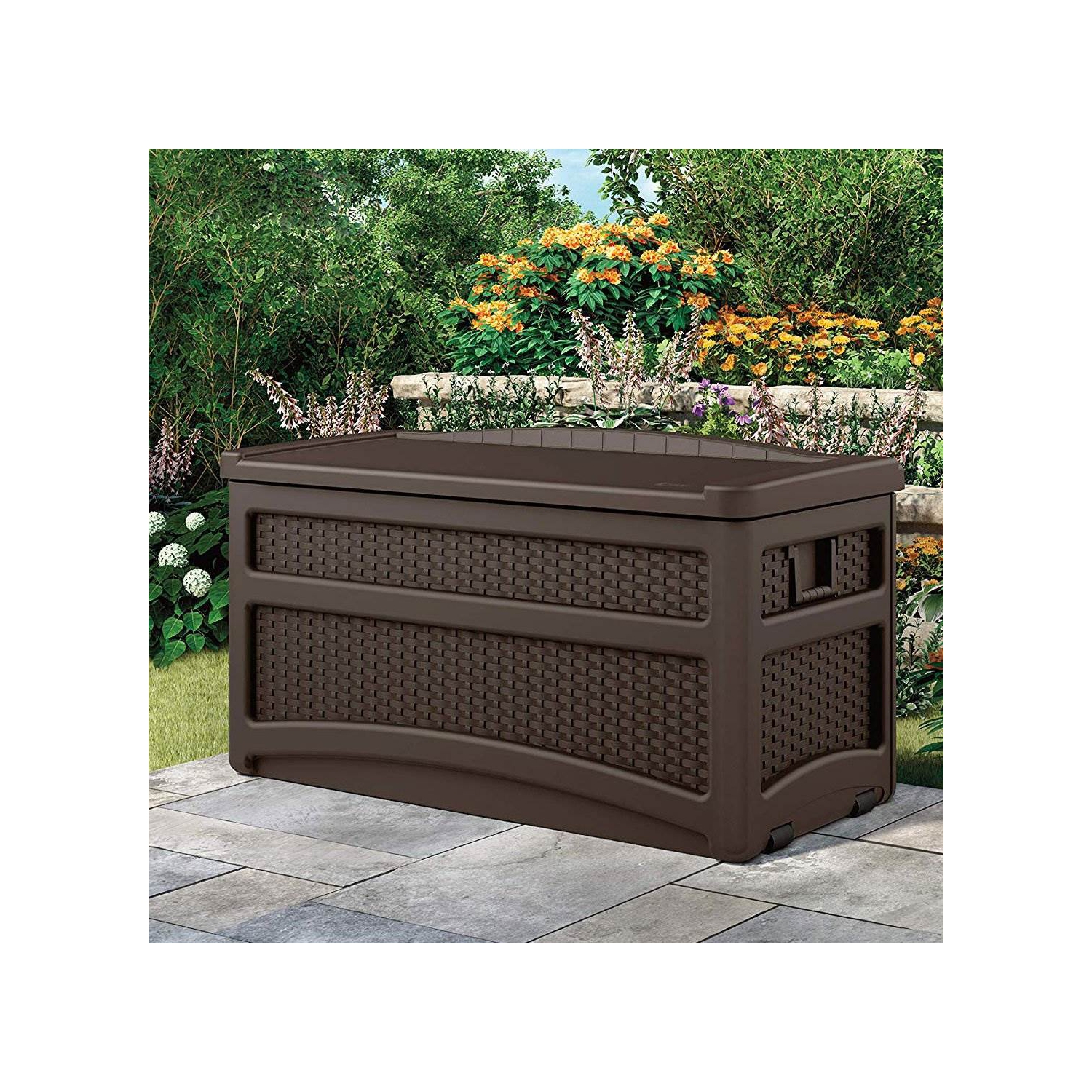 Suncast DBW7500 73 Gallon Outdoor Patio Storage Chest with Handles & Seat, Java