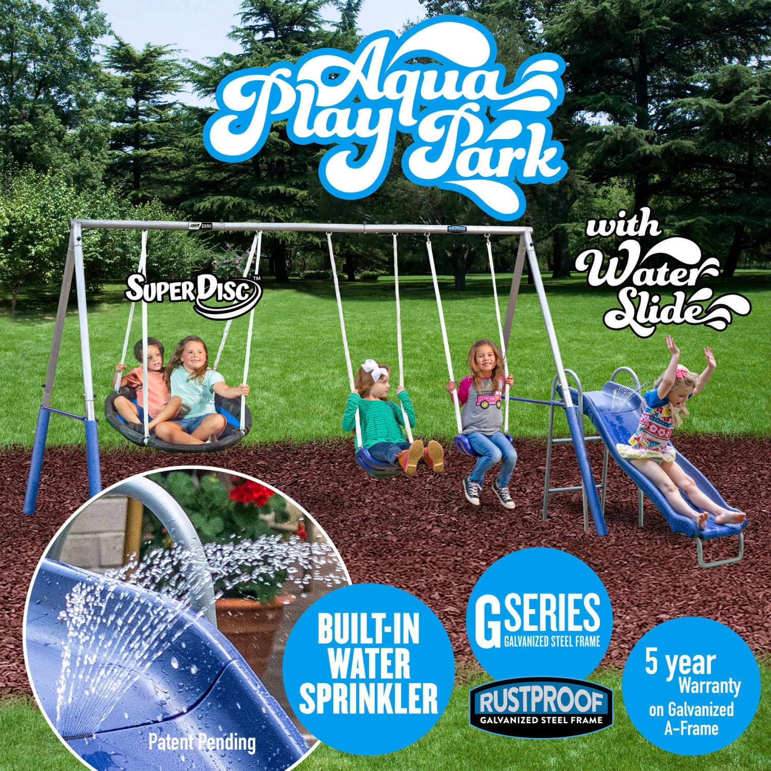 Parc extérieur Aqua Play XDP Recreation avec balançoire Super Disc et glissade d'eau