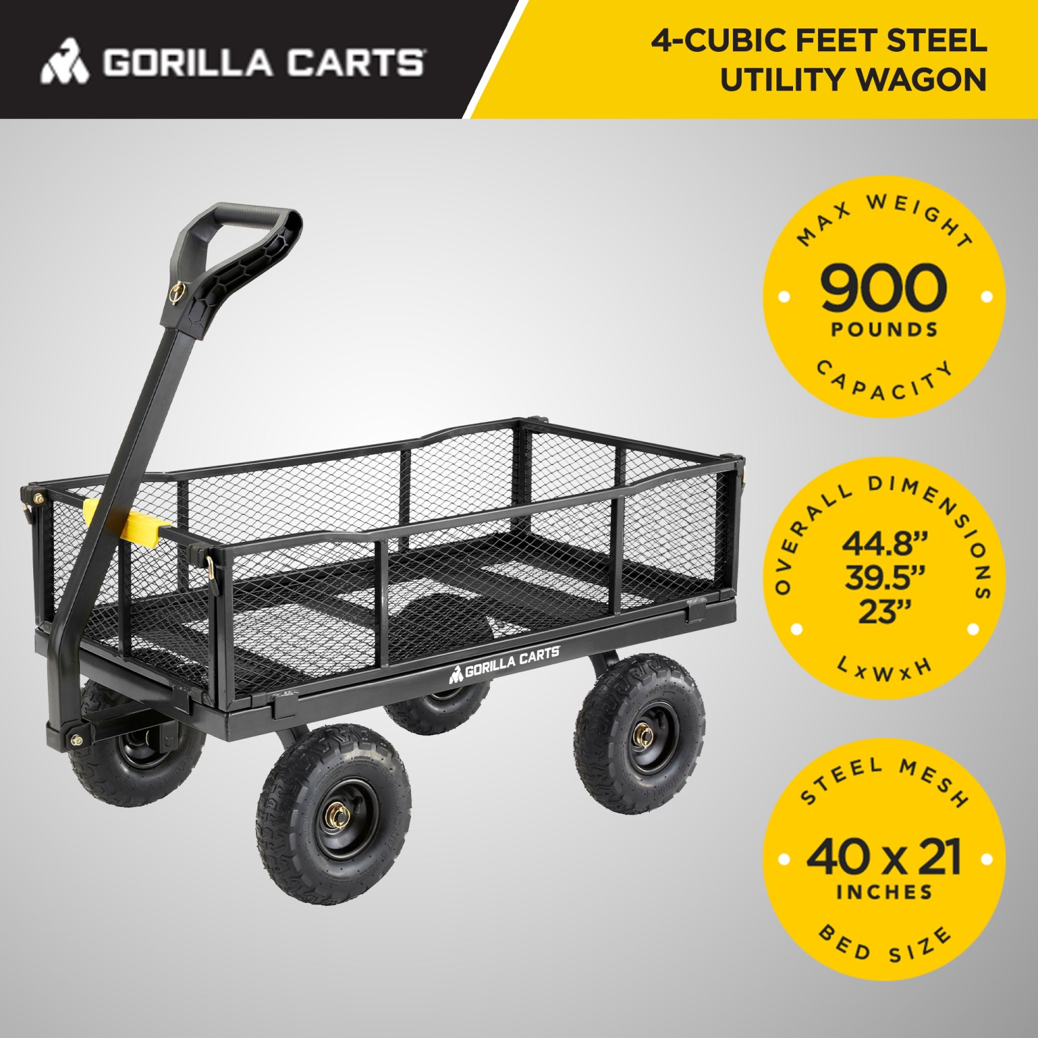 Chariot utilitaire en acier Gorilla Cart Garden Beach Wagon, capacité de 900 livres, gris