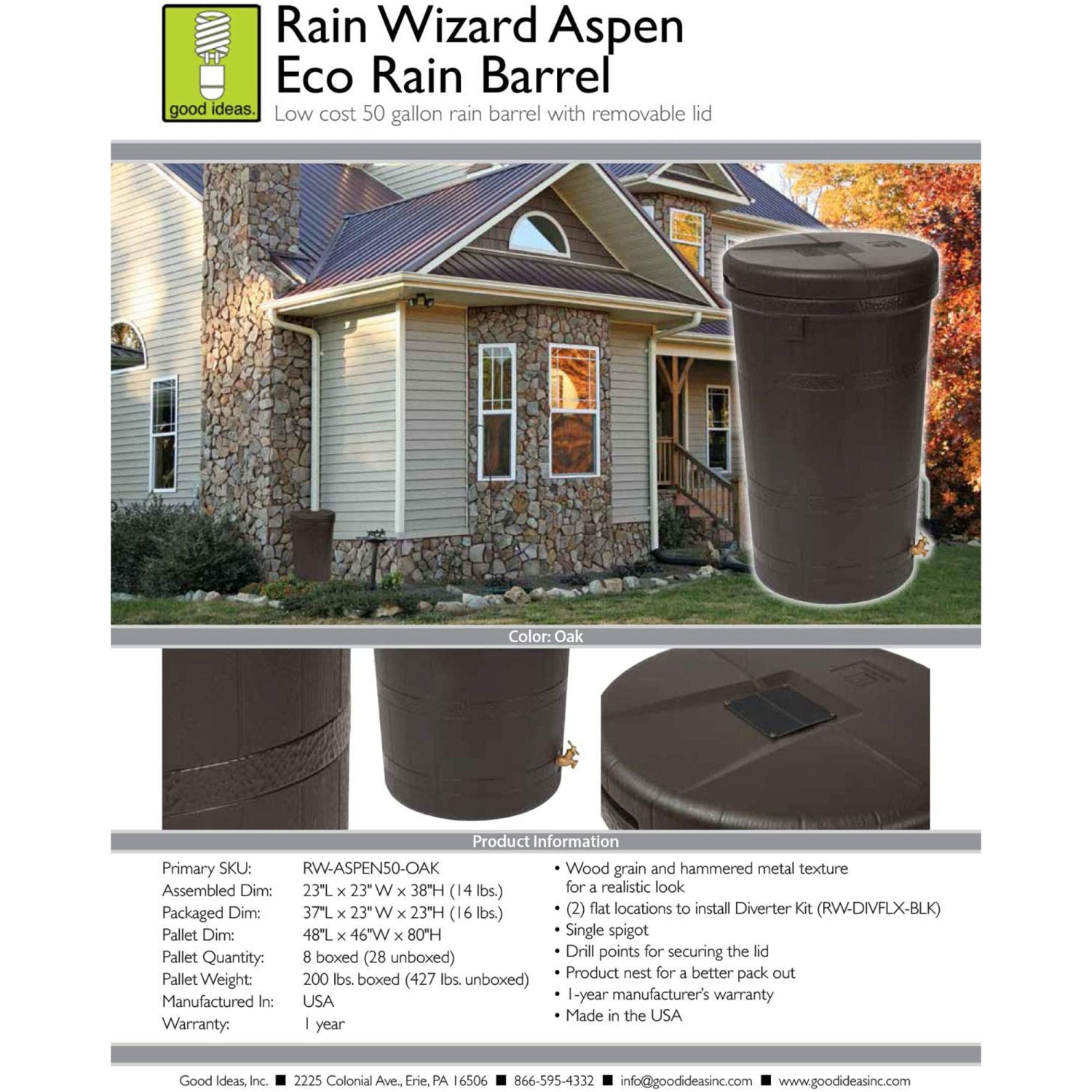 Good Ideas Aspen 50 Gal Rain Barrel Rain Collector Saver w/Brass Spigot
