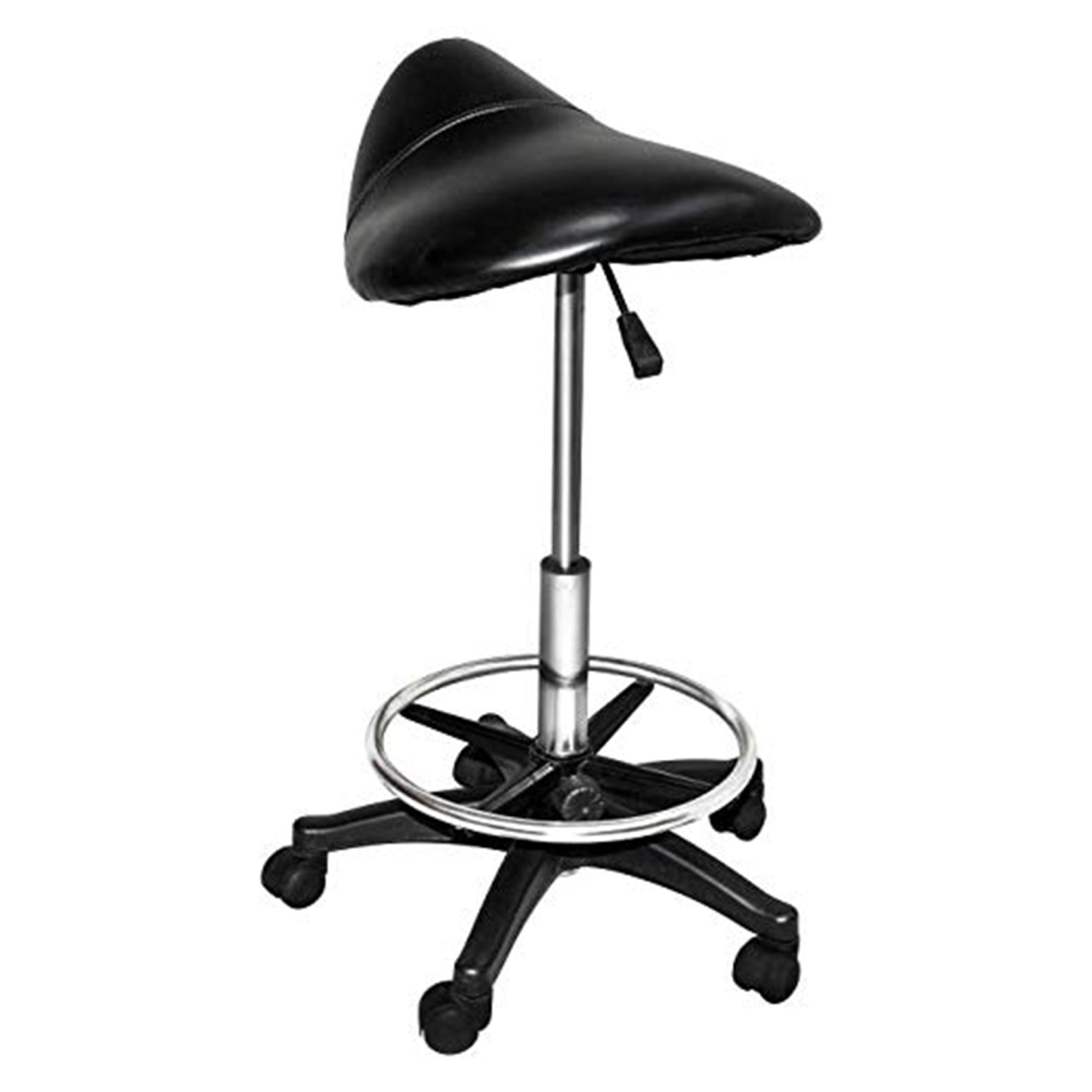 Tabouret de bar professionnel chromé à selle rotative avec coussins en mousse, noir