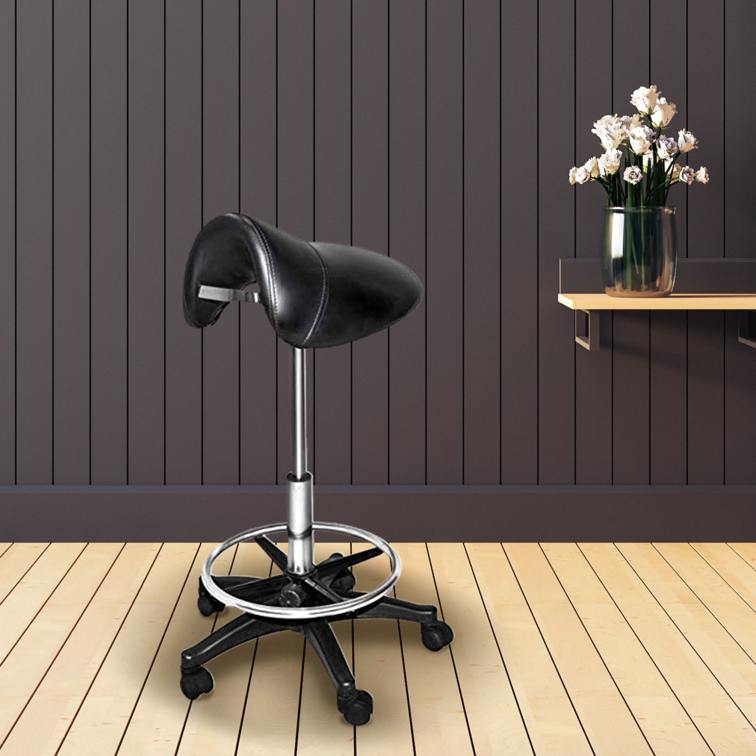 Tabouret de bar professionnel chromé à selle rotative avec coussins en mousse, noir