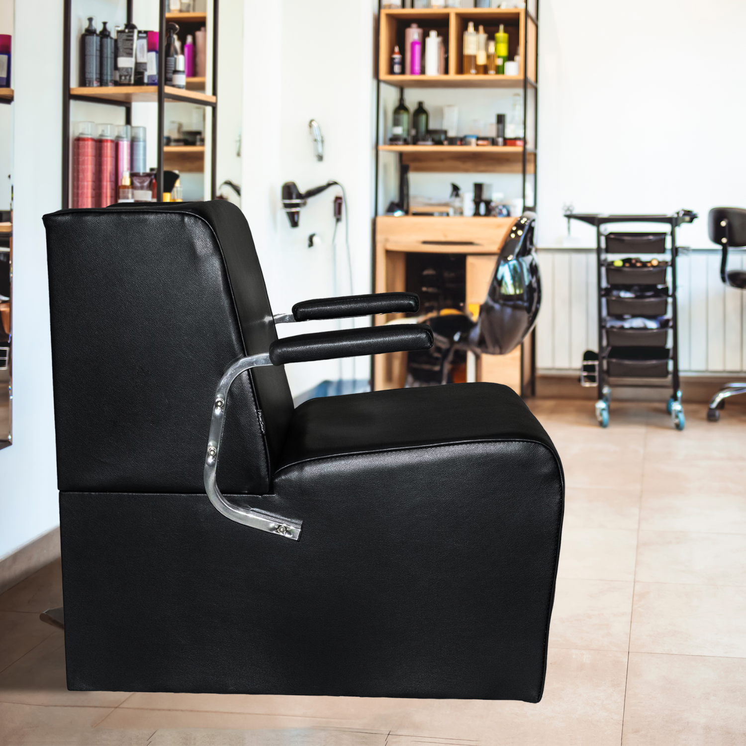 PureSana – Chaise sèche-cheveux à plateforme professionnelle en vinyle Anastasia, chrome, noir
