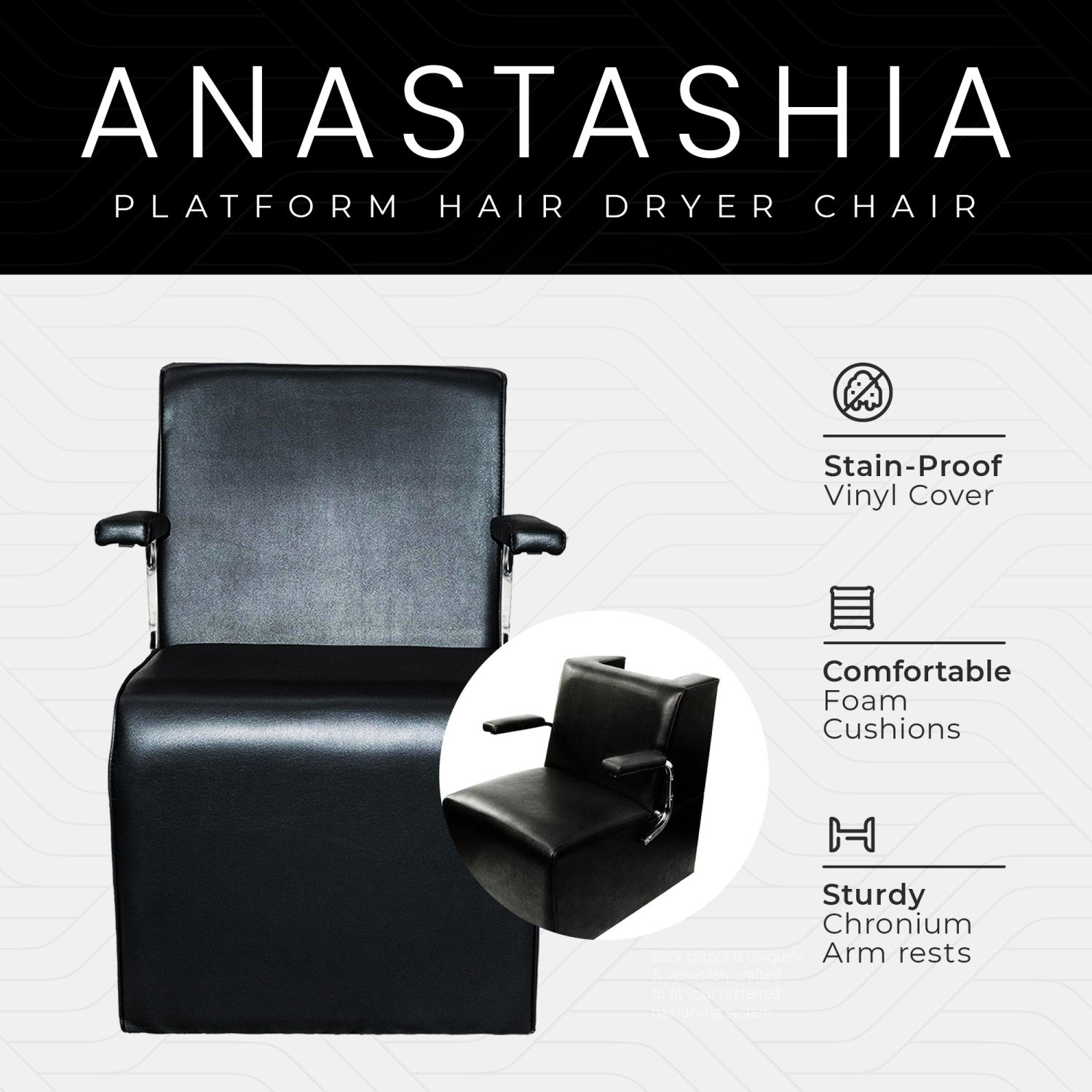 PureSana – Chaise sèche-cheveux à plateforme professionnelle en vinyle Anastasia, chrome, noir