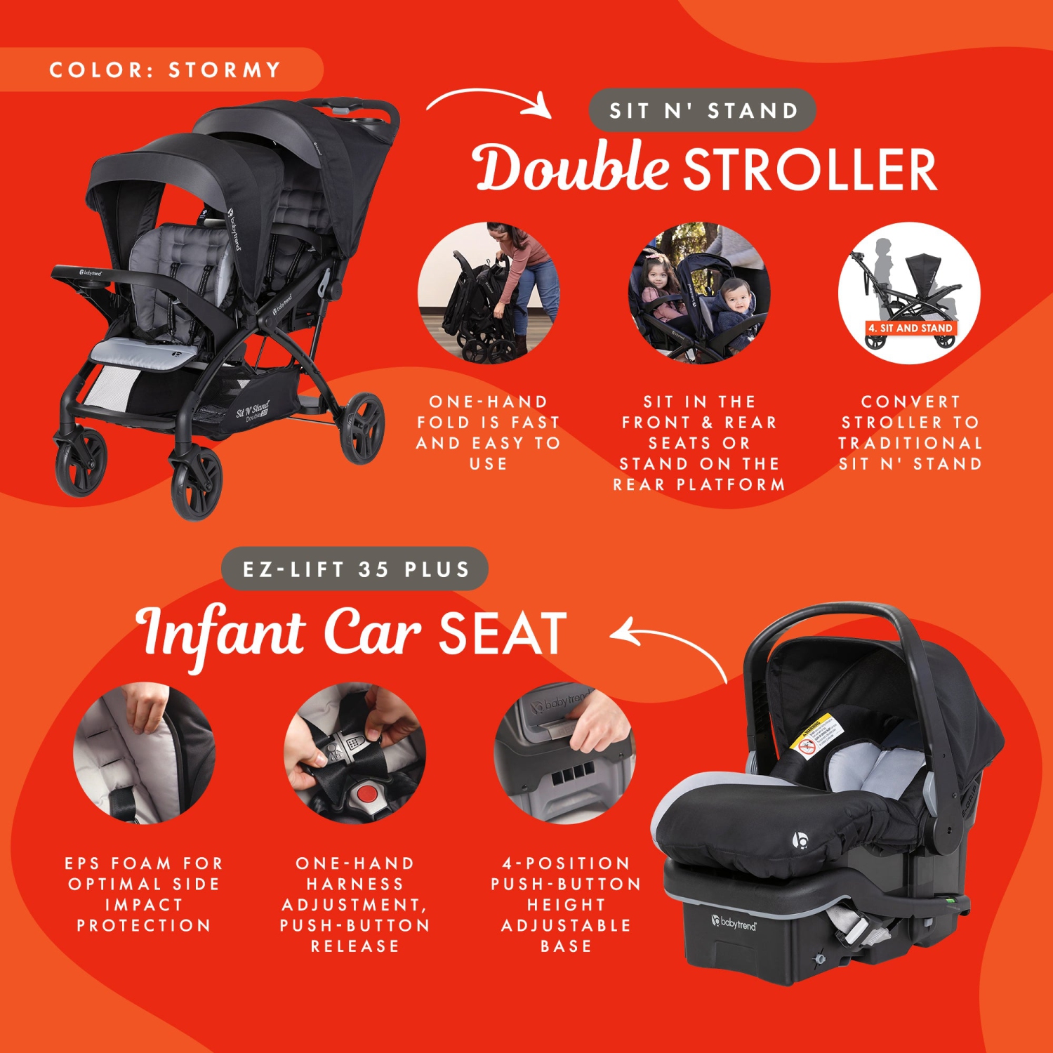 Baby Trend Sit N' Stand Double Stroller with EZ-Lift Car Seat, Stormy