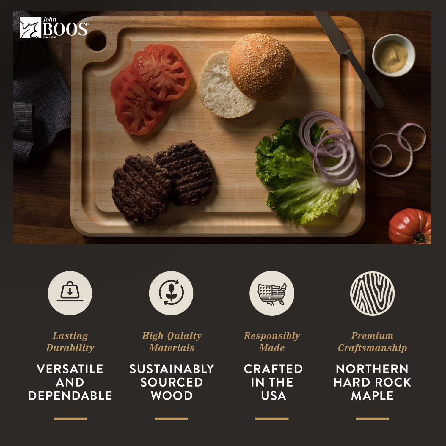 John Boos – planche à découper de cuisine Prestige en érable, grain de bois, 22 x 16 x 1,25 po