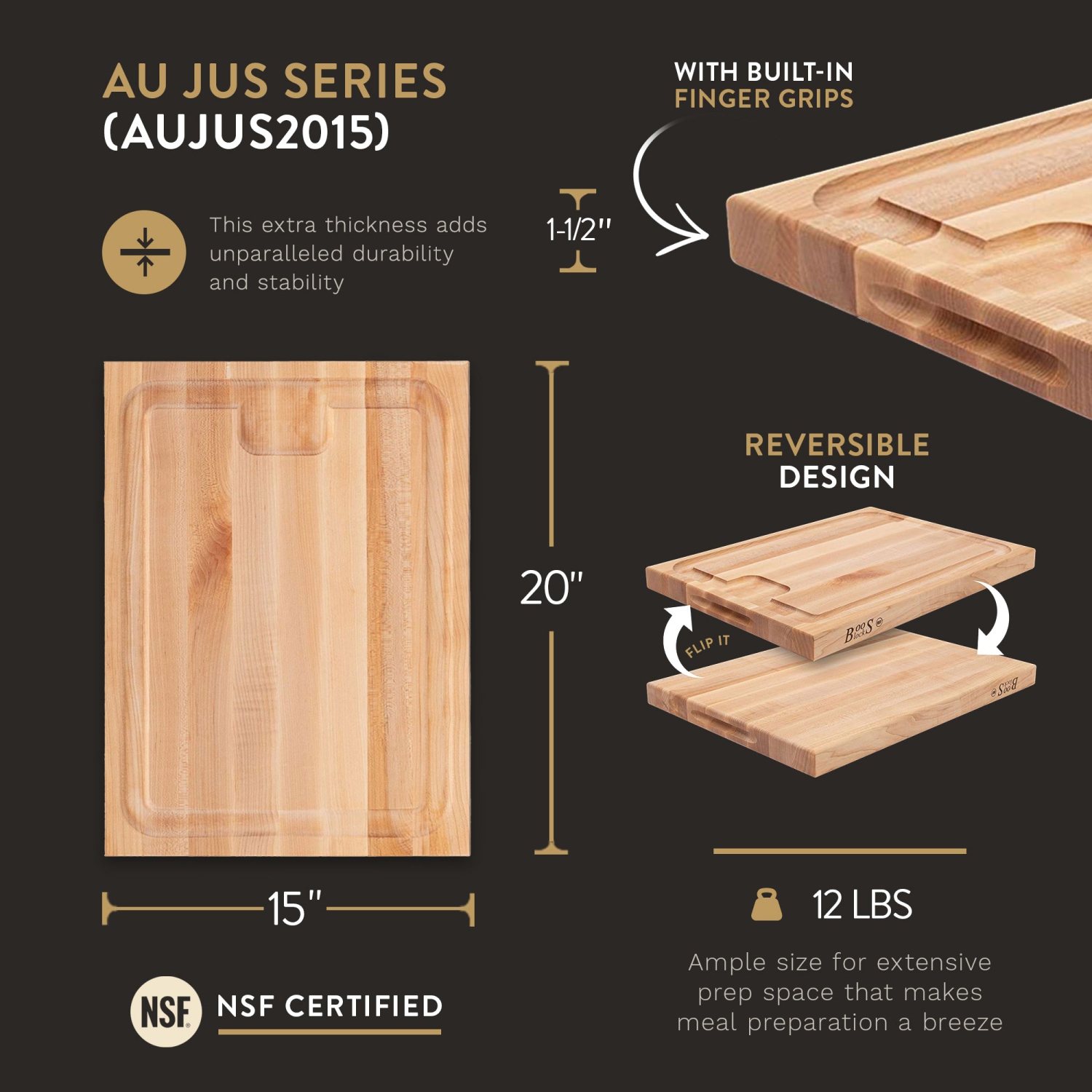 John Boos – planche à découper en érable au jus Groove, 20 x 15 x 1,5 po