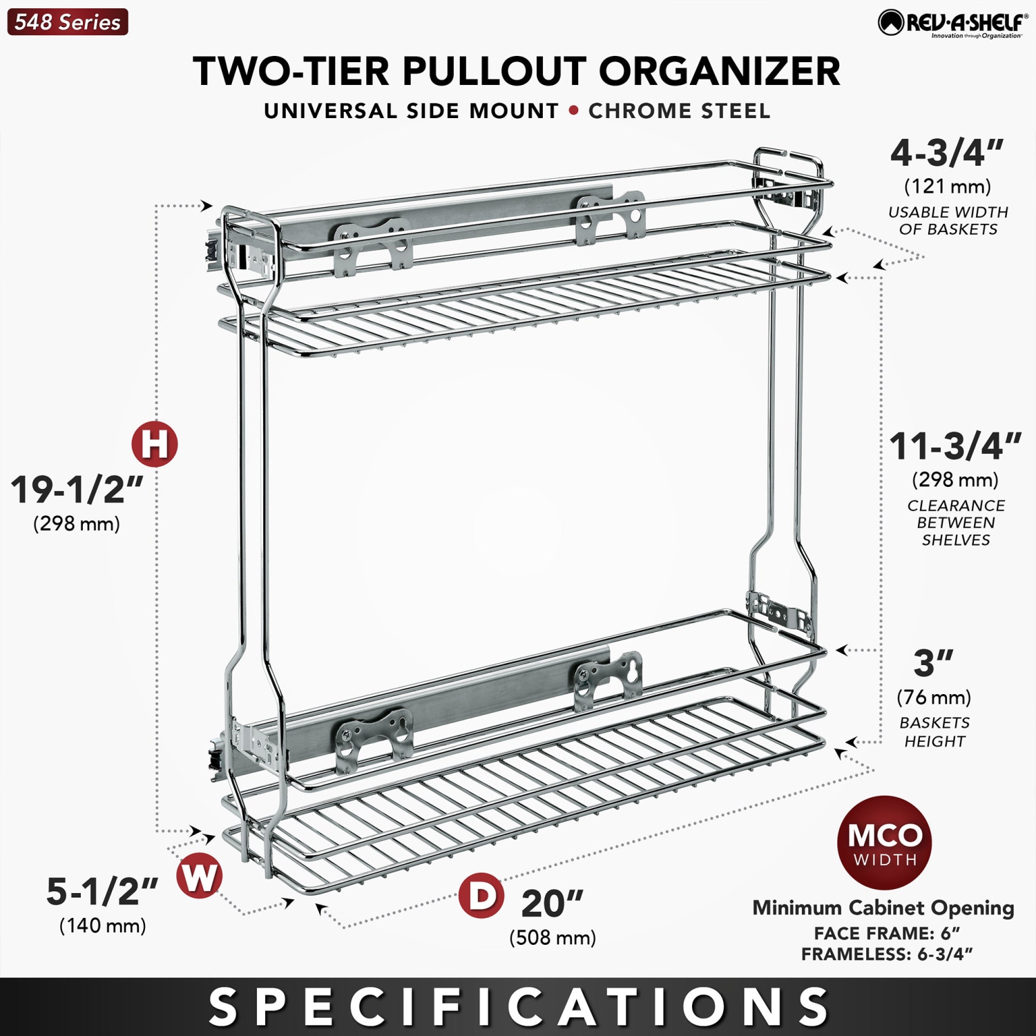 Rev-A-Shelf 18" Pullout Side Mount Two-Tier Kitchen Cabinet Organizer, 548-06CR-1