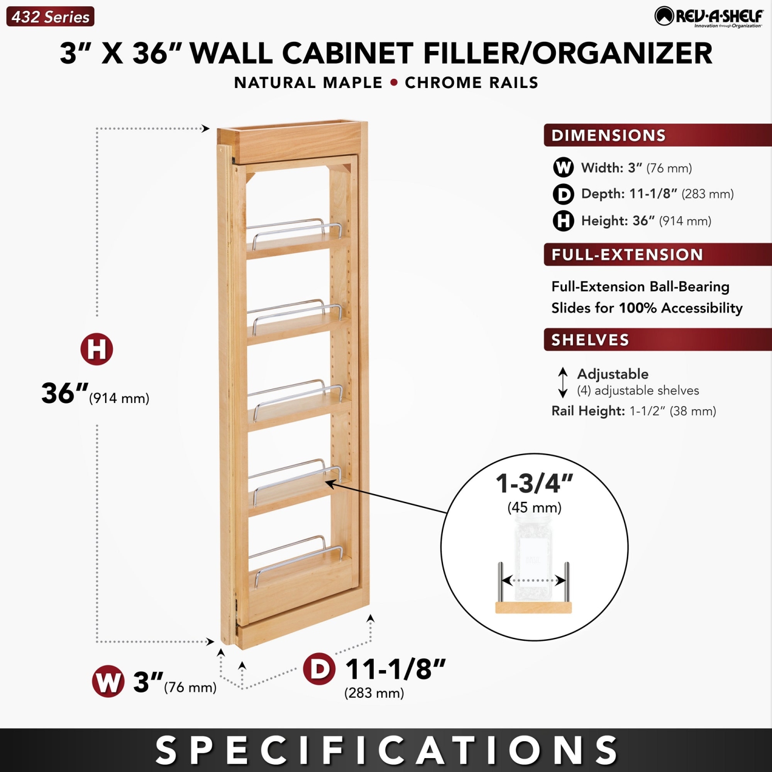 Rev-A-Shelf Pullout Wall Filler Cabinet Wooden Organizer, 36" Hgt, 432-WF36-3C