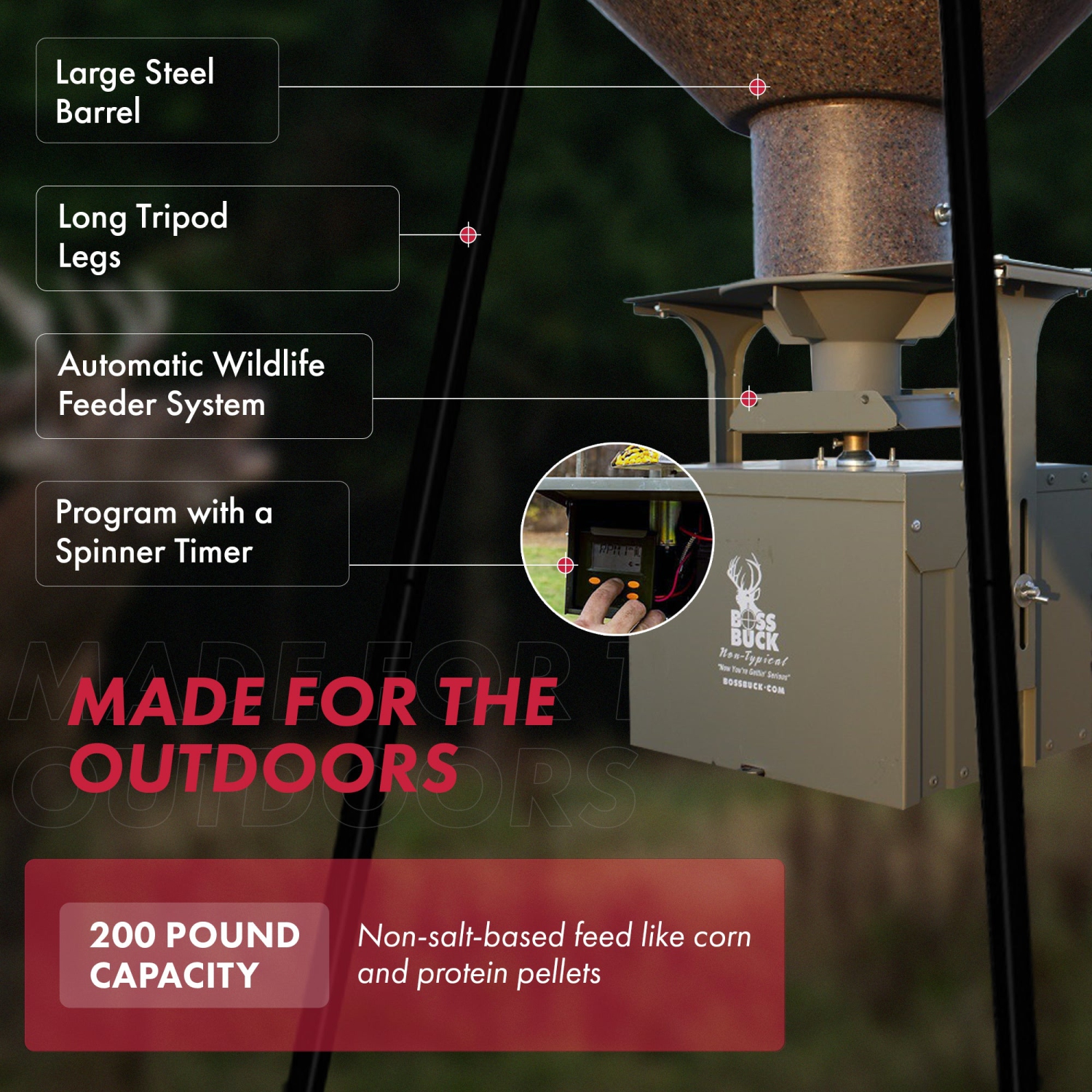 Mangeoire automatique à chevreuils de chasse Boss, grande capacité, série 200, 200&nbsp;lb