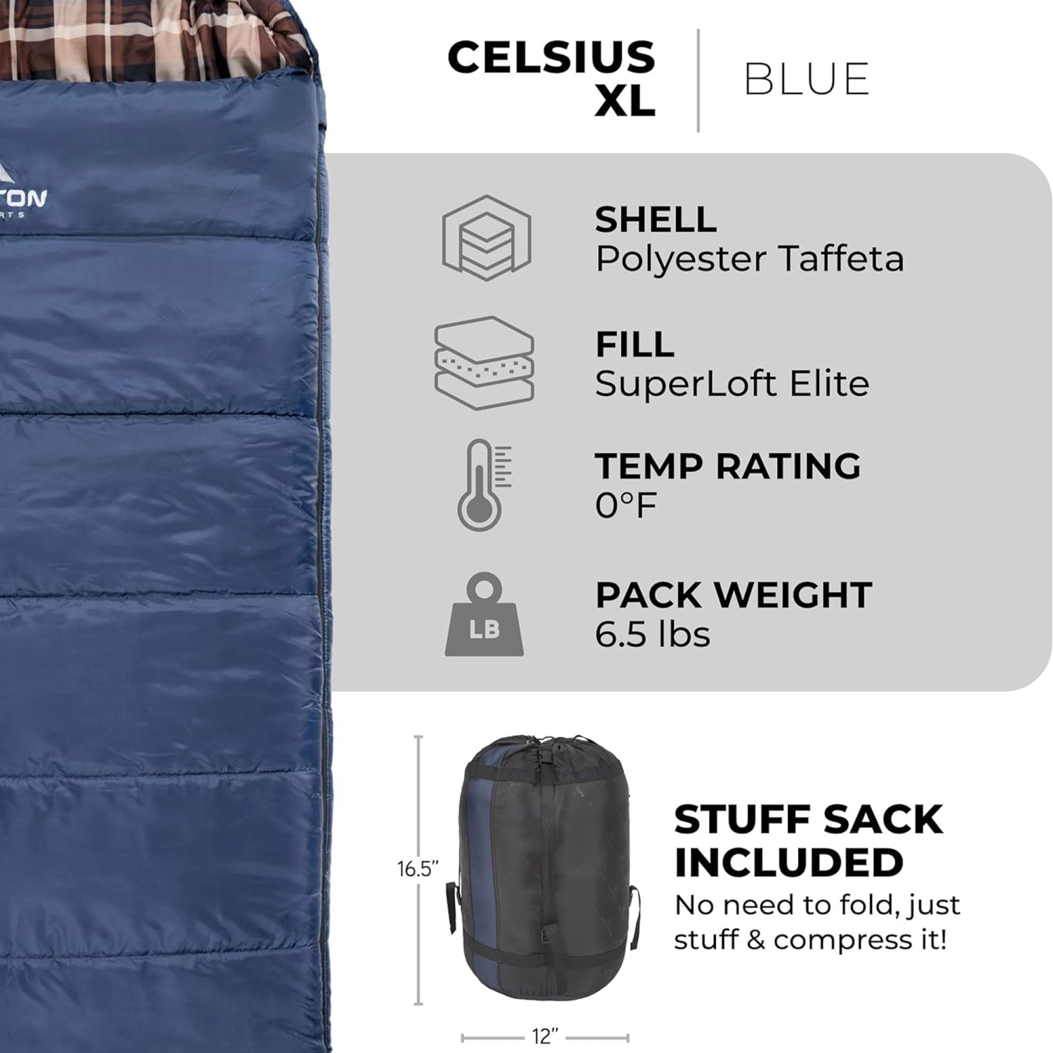 TETON Sports Celsius XL -25 Degree Left Zipper Sleeping Bag for Camping, Blue