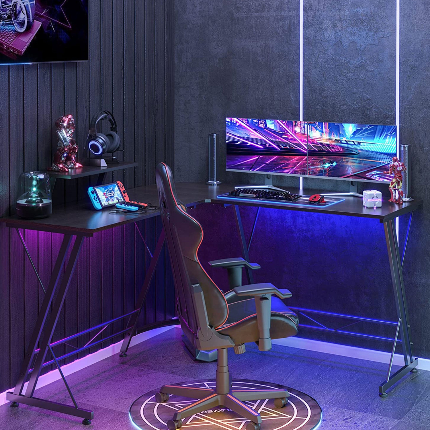 Bureau d'ordinateur et de jeu en coin en forme de L avec support pour moniteur Somdot, noyer noir