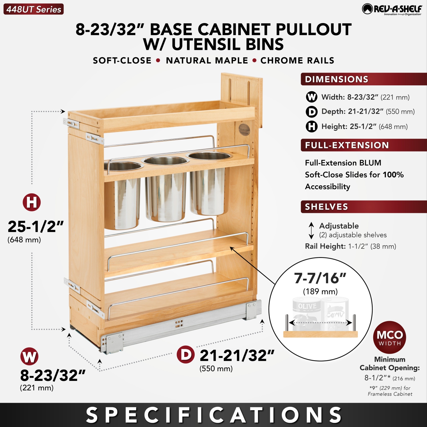 L'organisateur d'armoire de cuisine rétractable de 8&nbsp;po avec fermeture amortie de Rev-A-Shelf, 448-BCSC8C