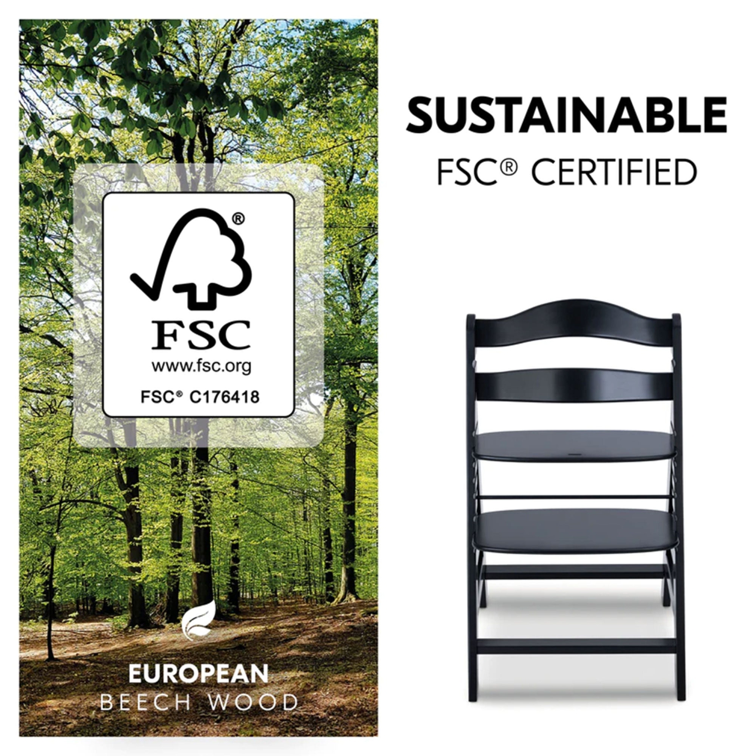 Chaise haute réglable en bois de croissance Alpha+ Grow Along de Huck, bois de hêtre, fini noir