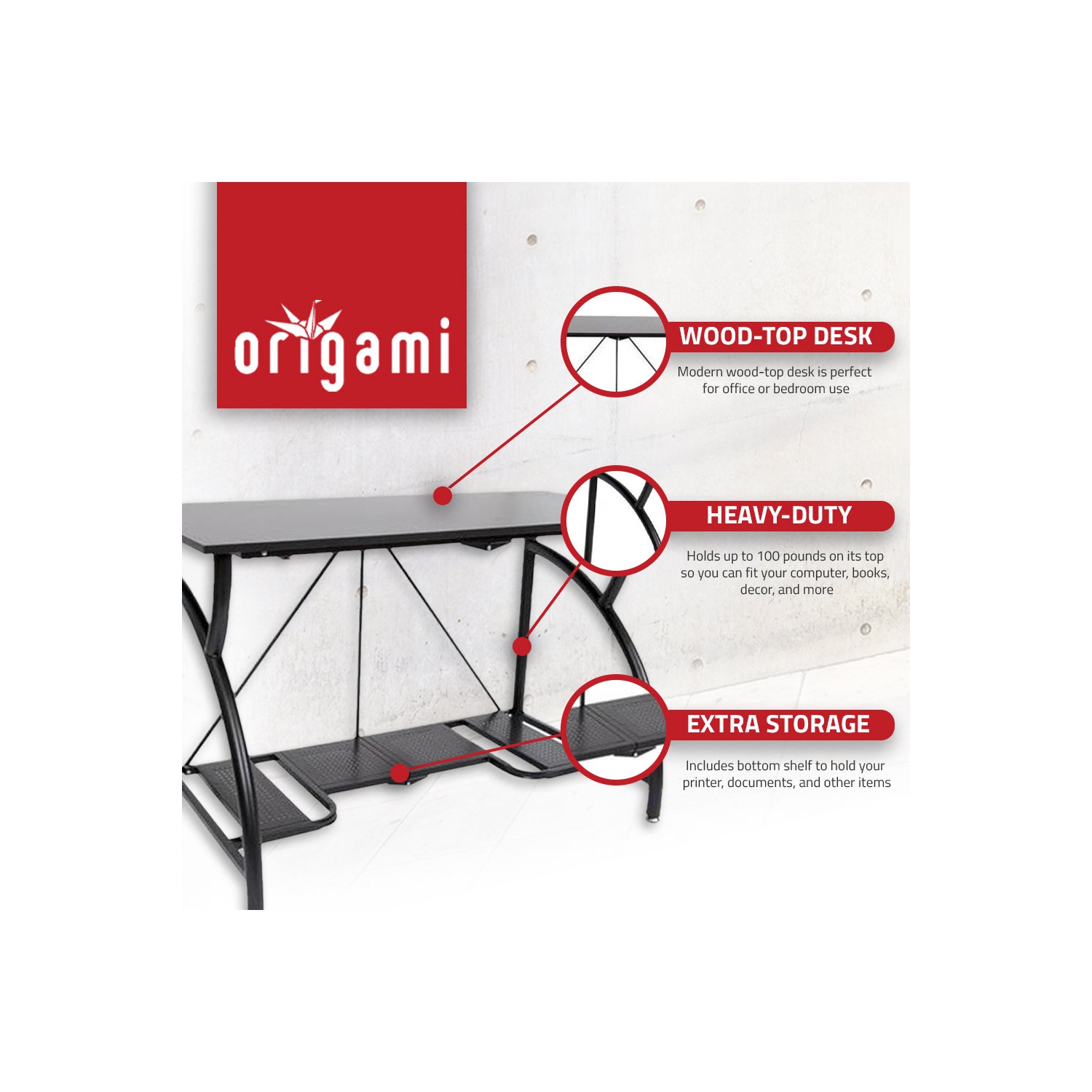 Origami – Bureau d’ordinateur de bureau pliant tout usage en bois, noir