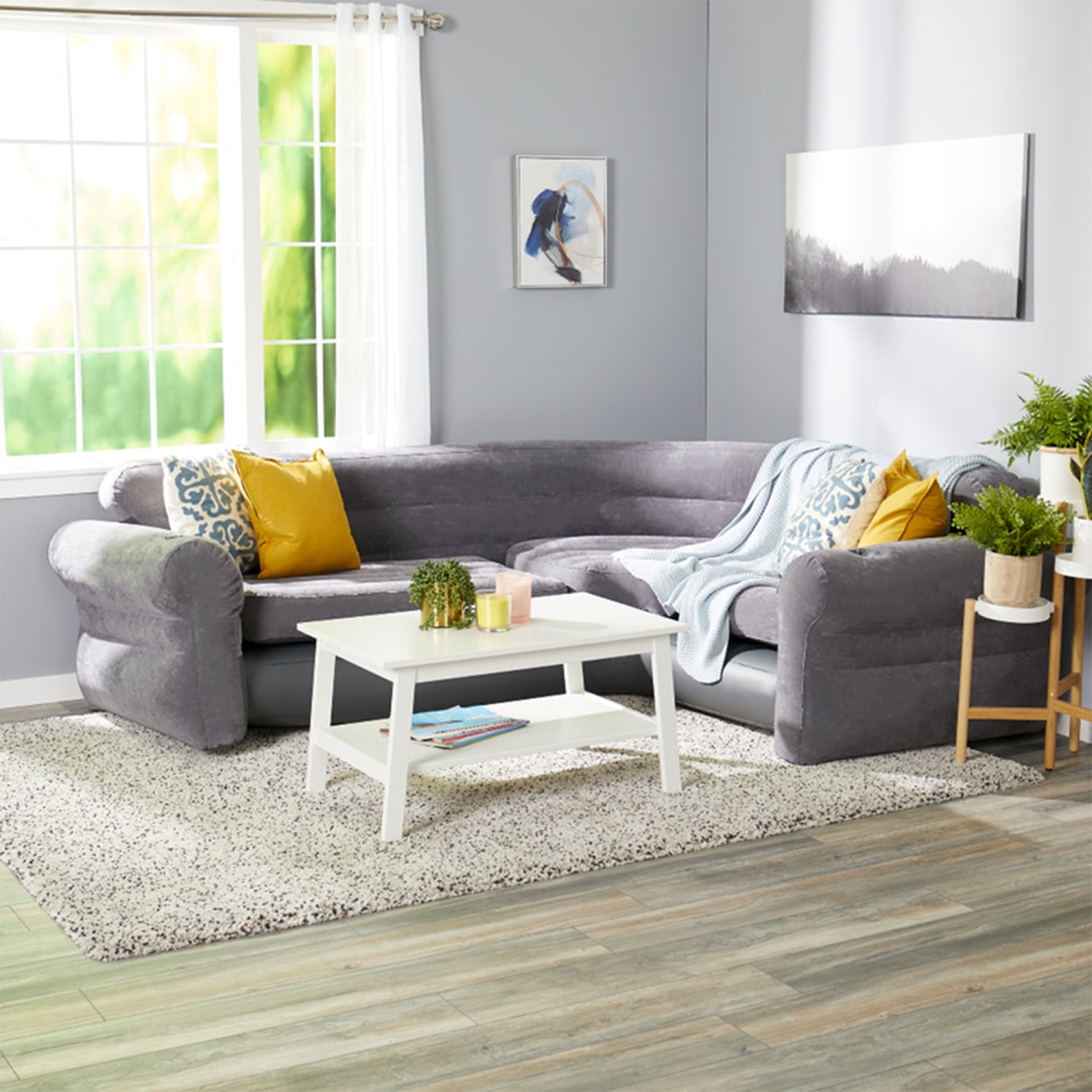 Intex Corner Sofa L-Shaped Inflatable Lounge Couch w/ Cupholders, Gray