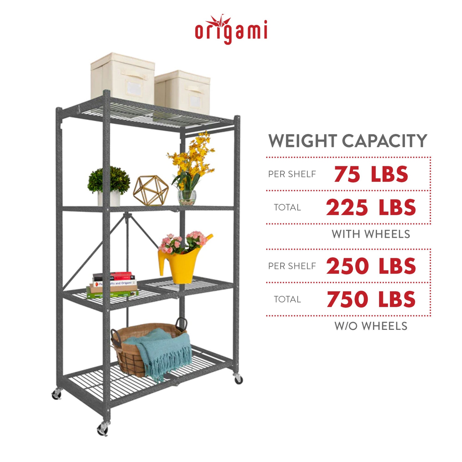 Origami – Support de rangement pliable multifonction à 4 niveaux avec roulettes, gris