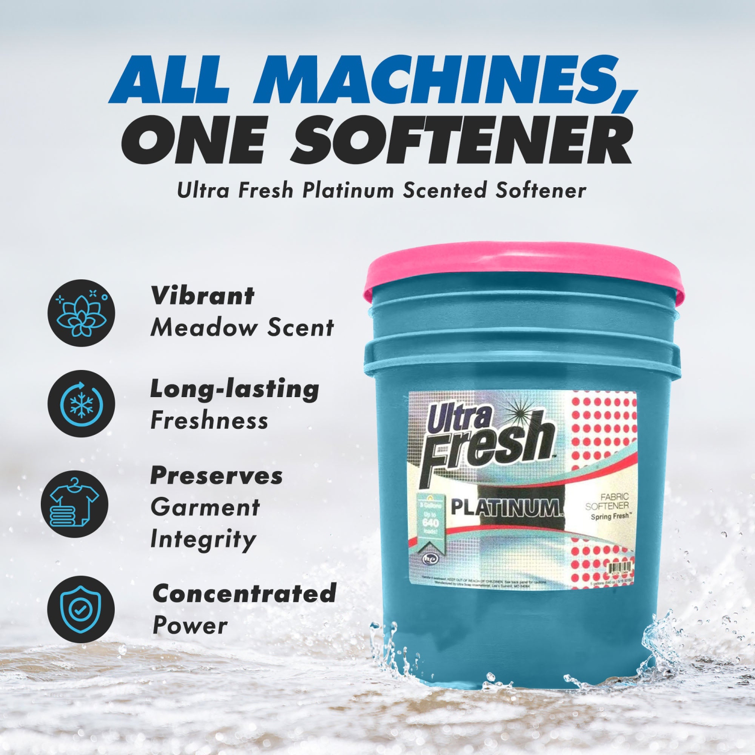 Assouplissant textile fraîcheur printanière Ultra Fresh Platinum, 5 gal, jusqu'à 640 brassées avec pompe