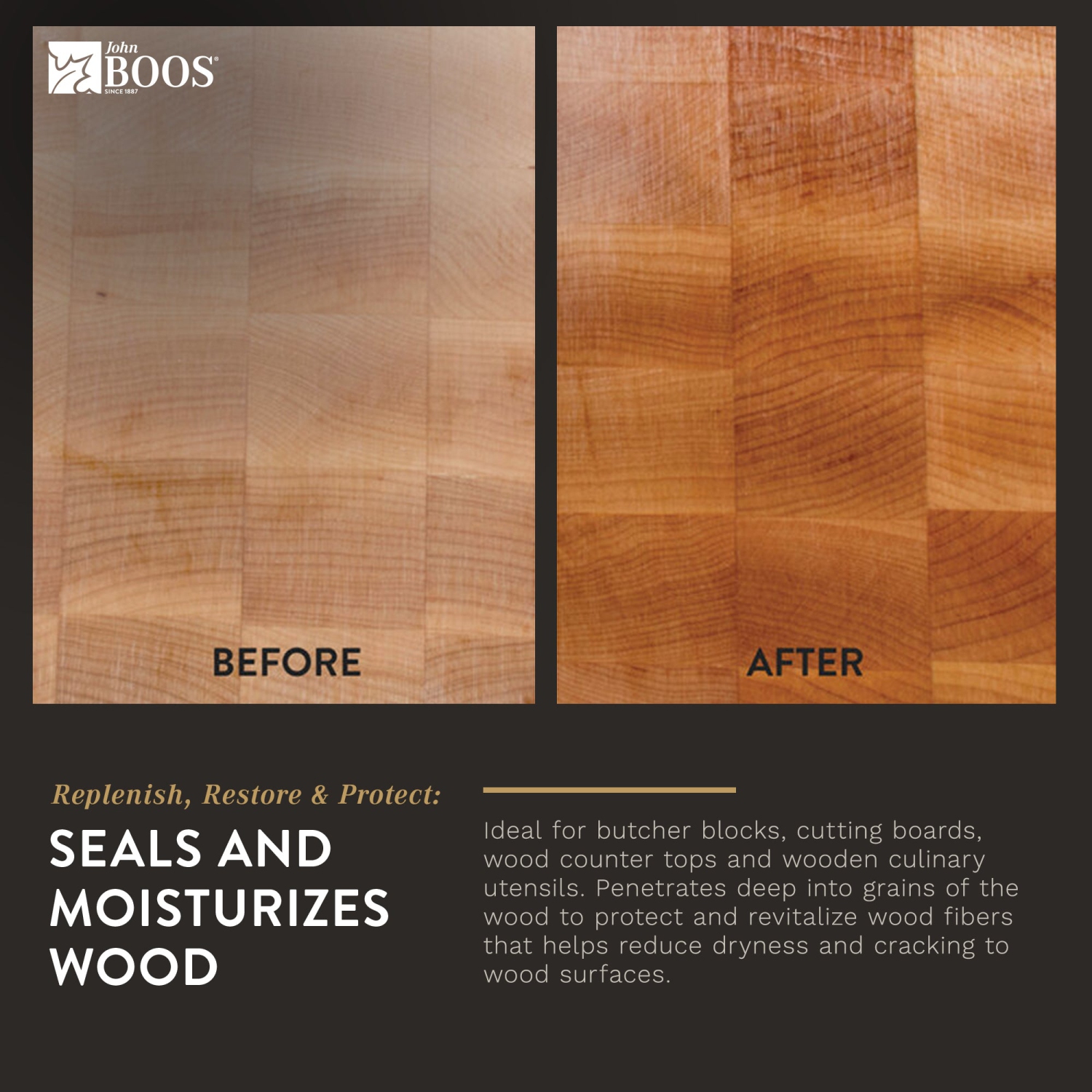 John Boos – Ensemble d’entretien de planche à découper en bois, 32 oz liq., huile mystère et applicateur