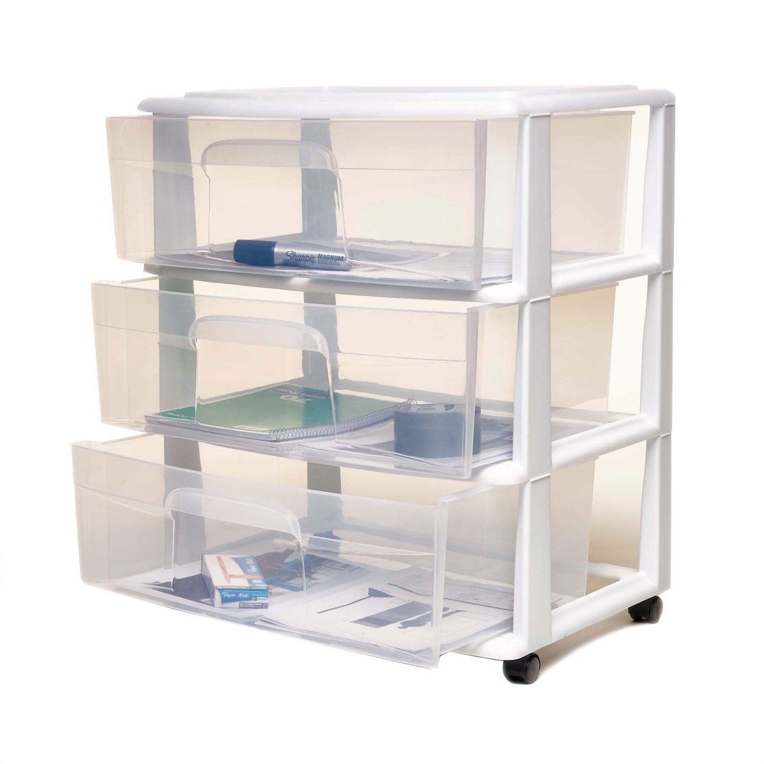 Homz – petite étagère de rangement à roulettes en plastique transparent à 3 tiroirs, blanc, paquet de 2