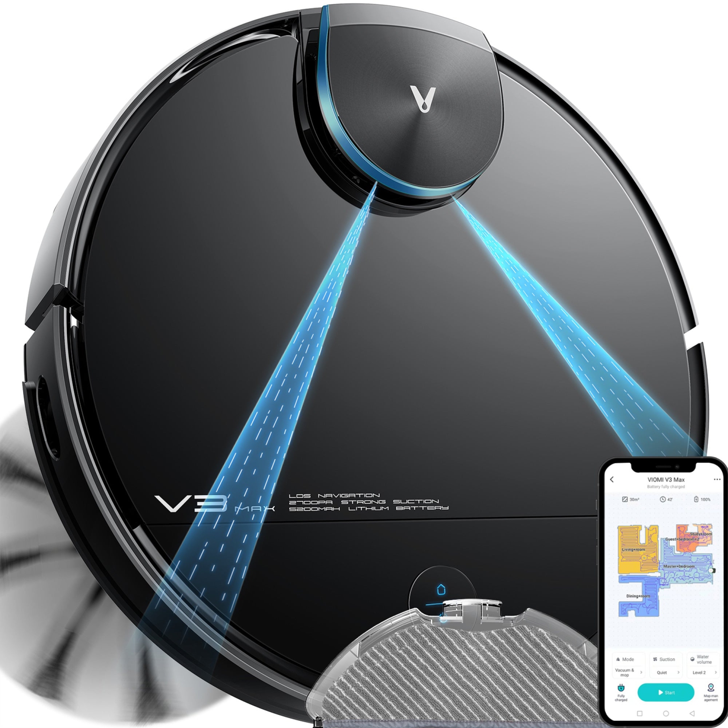 Viomi Smart Robot Vacuum V3 Max Duster Vacuum and Mop for Multi Floors, Black