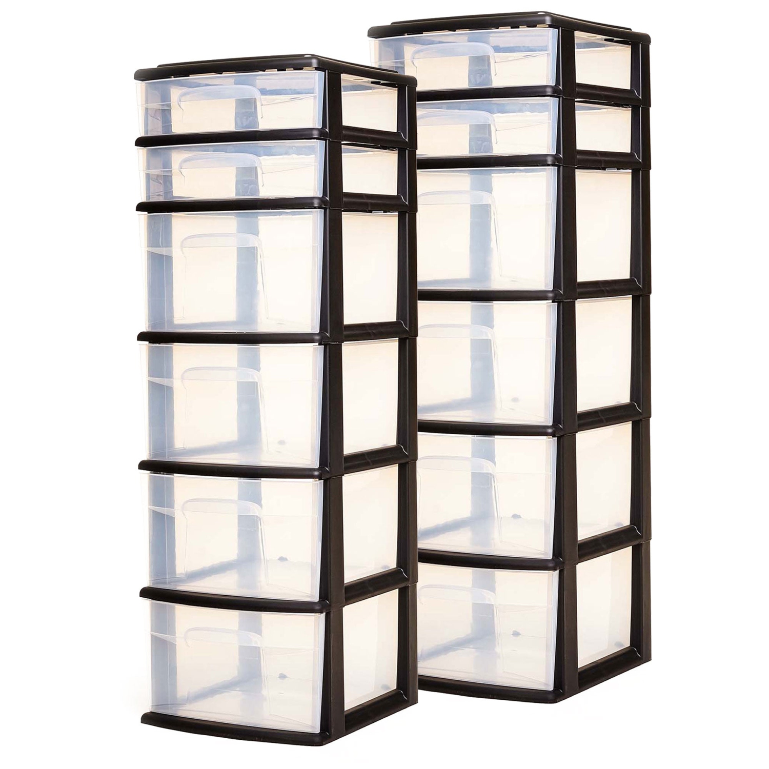 Homz Plastic 6 Clear Drawer Home Storage Container Tower, Black/Clear