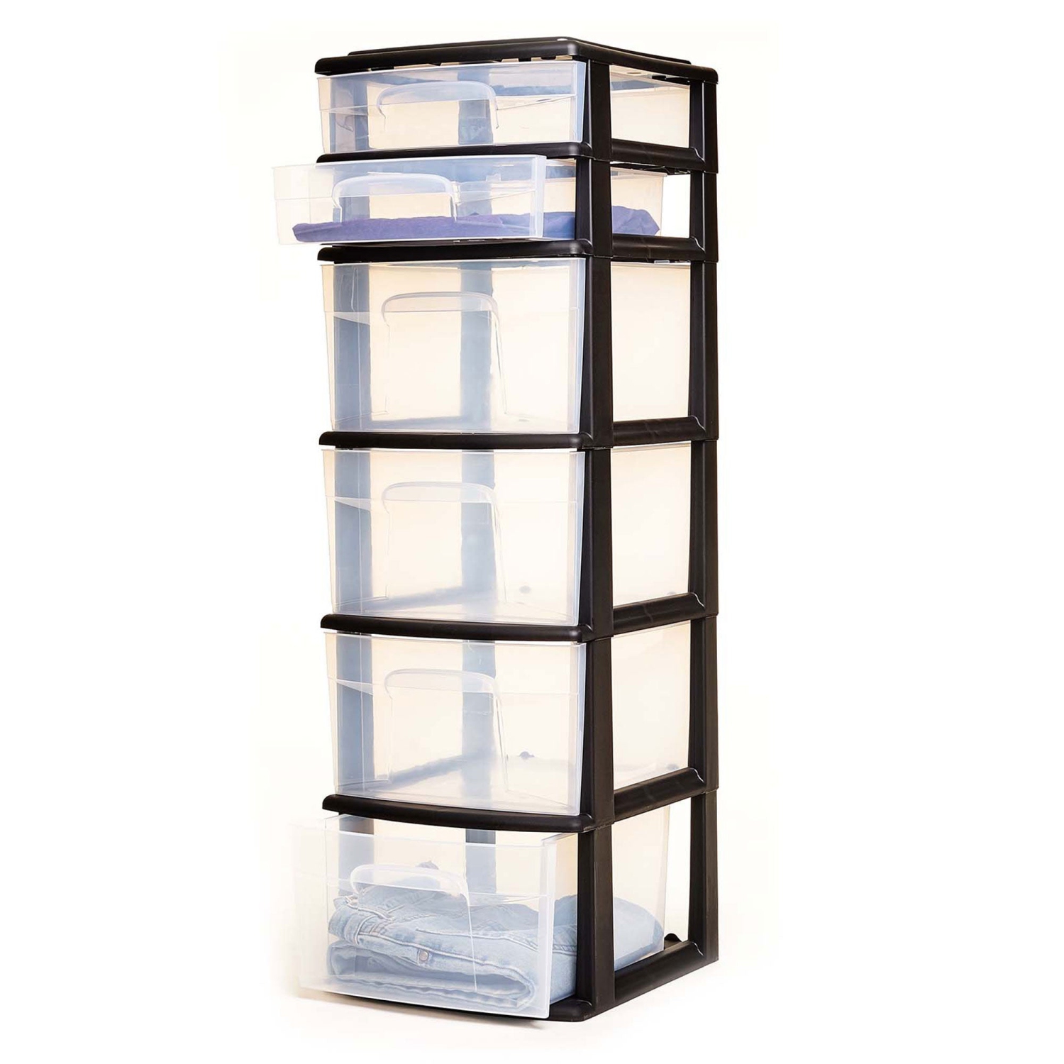 Homz Plastic 6 Clear Drawer Home Storage Container Tower, Black/Clear