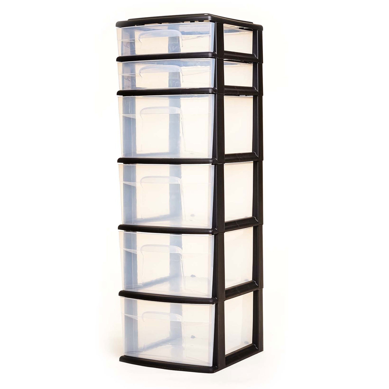 Homz Plastic 6 Clear Drawer Home Storage Container Tower, Black/Clear