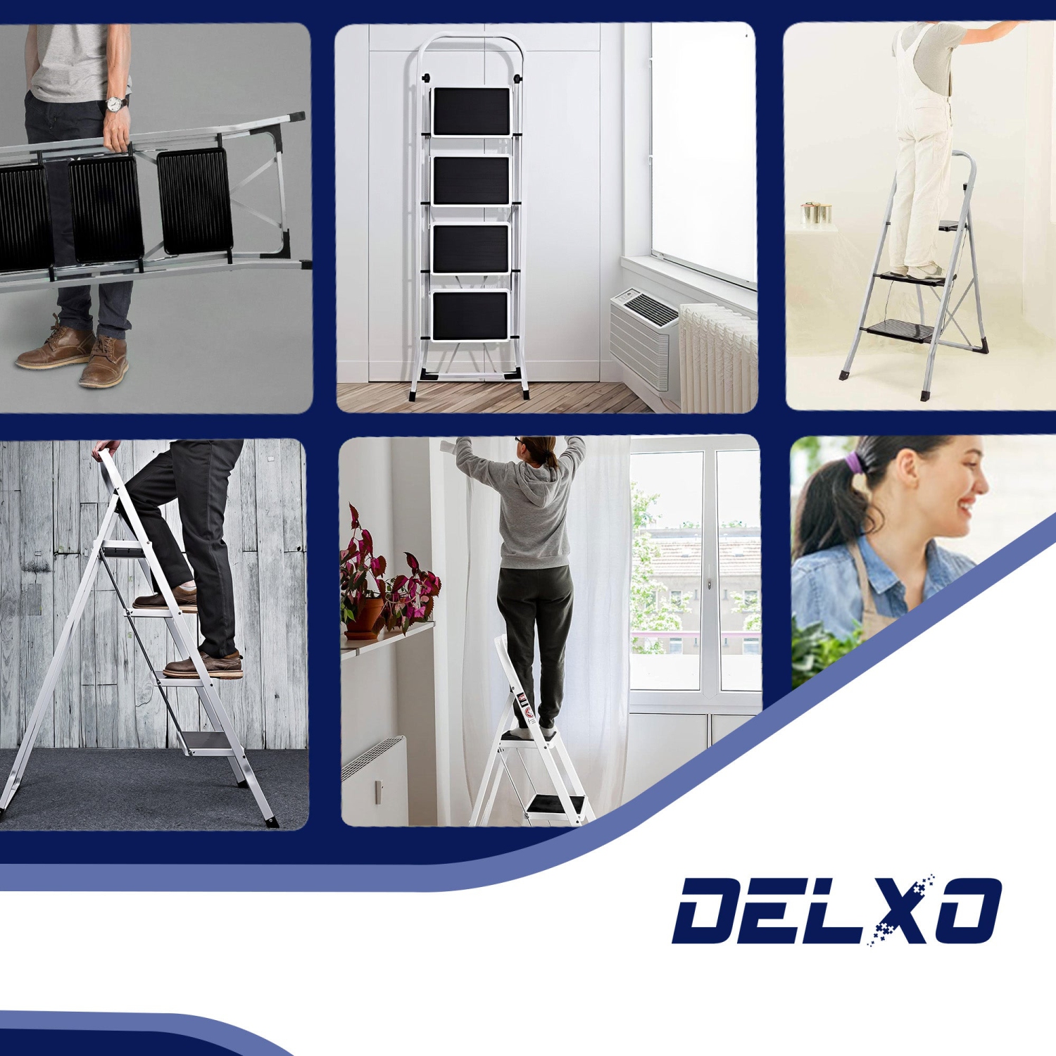 Delxo Alloy Steel Folding 4 Step Stool Portable Ladder with Hand Grip, White