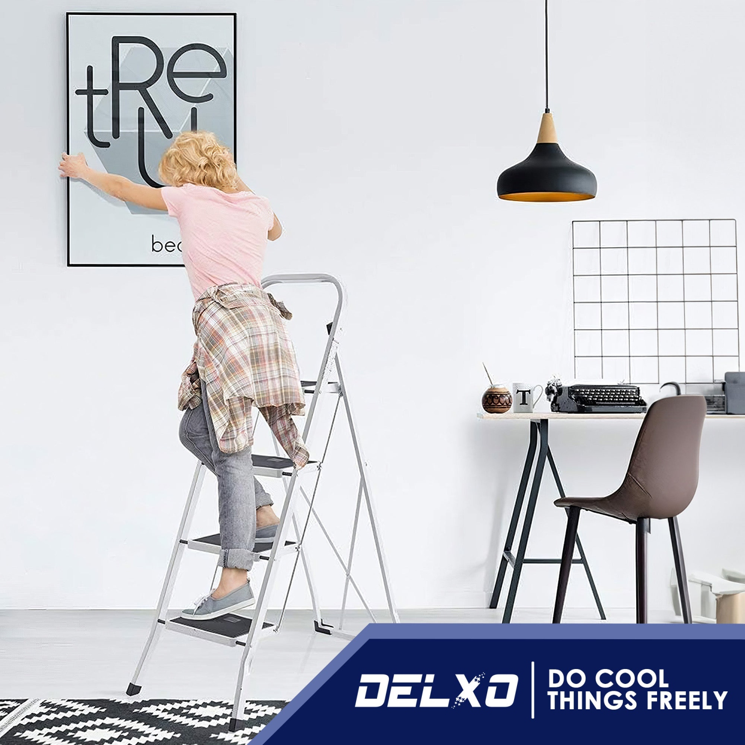 Delxo Alloy Steel Folding 4 Step Stool Portable Ladder with Hand Grip, White