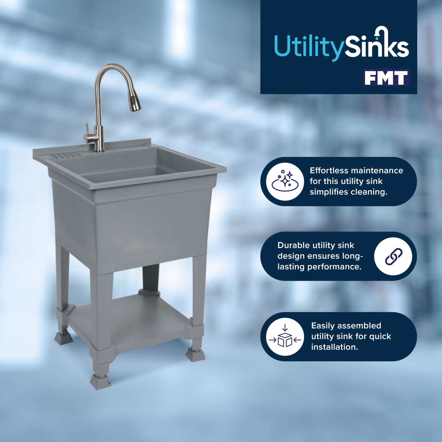 UTILITYSINKS – évier de travail tout usage autonome compact de 24 po en plastique, gris