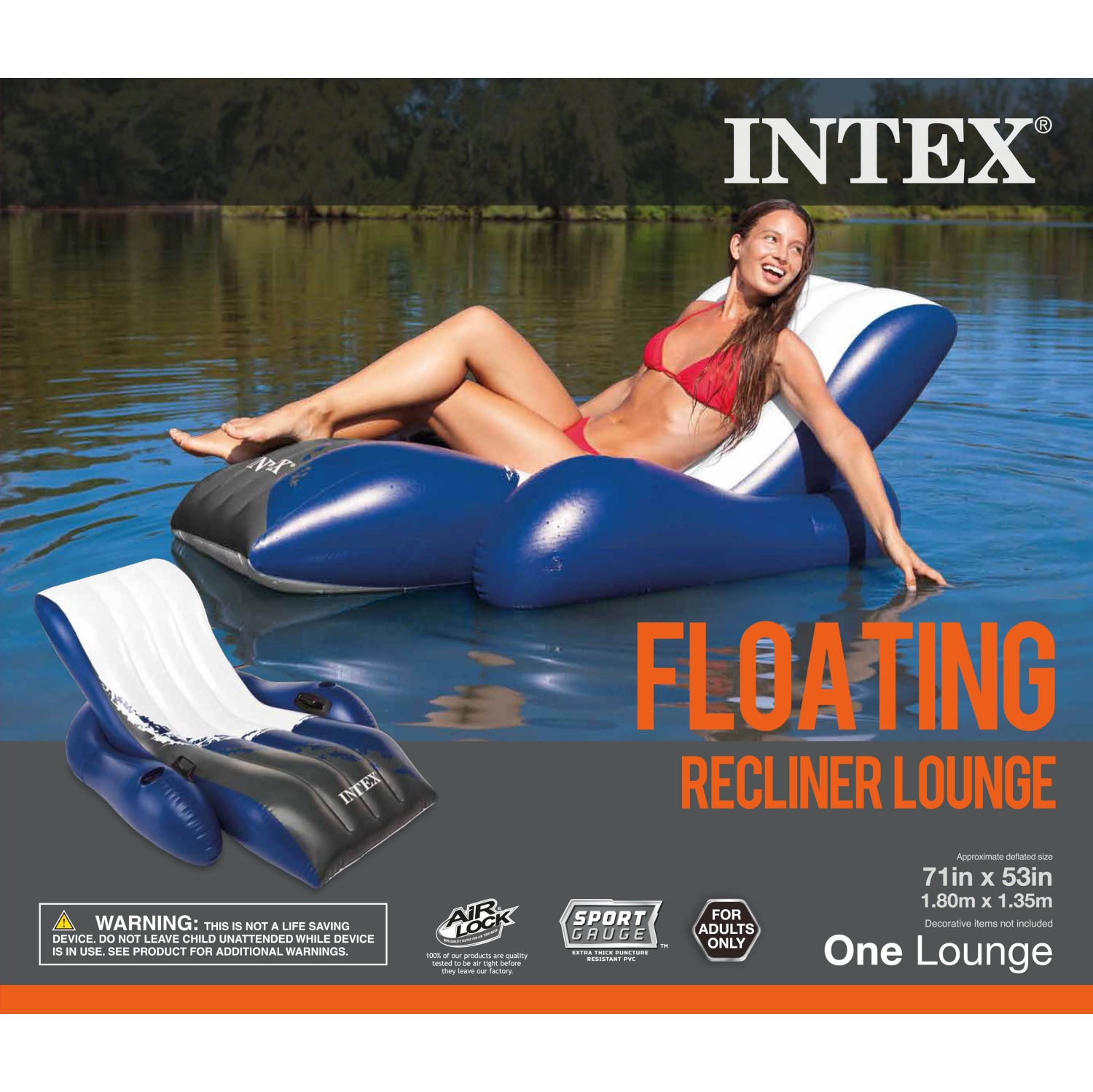 Intex Inflatable Floating Lounge Pool Recliner Chair with Cup Holders