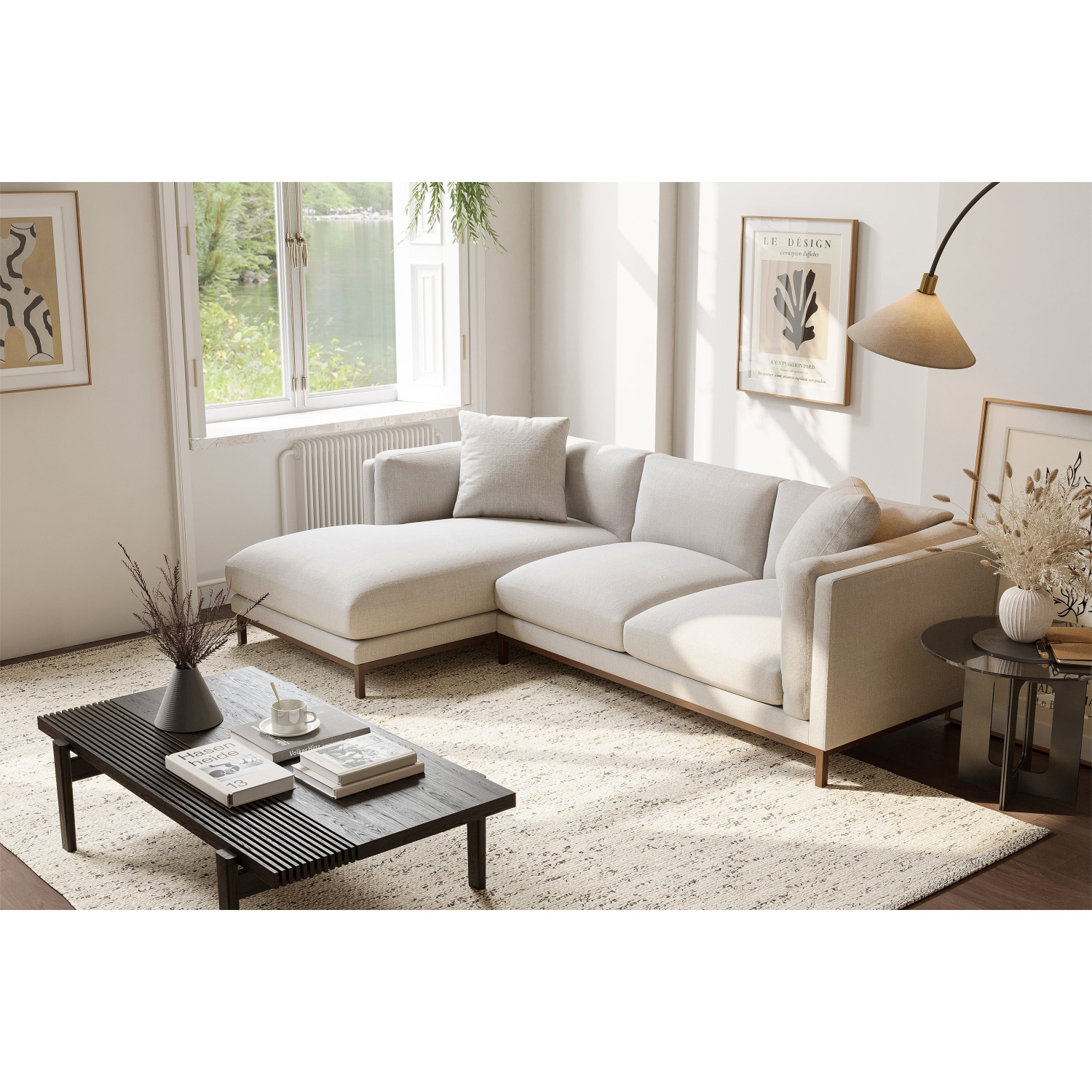 Valencia Bergen Fabric Sectional Sofa with Left Hand Facing Chaise, Beige Color