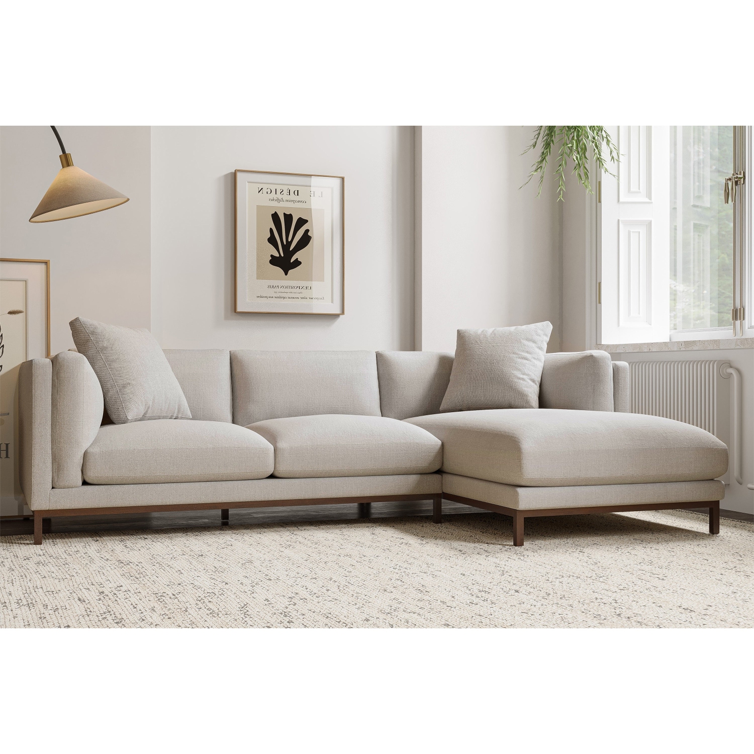 Valencia Bergen sofa modulaire en tissu avec chaise droite orientée vers la droite, beige