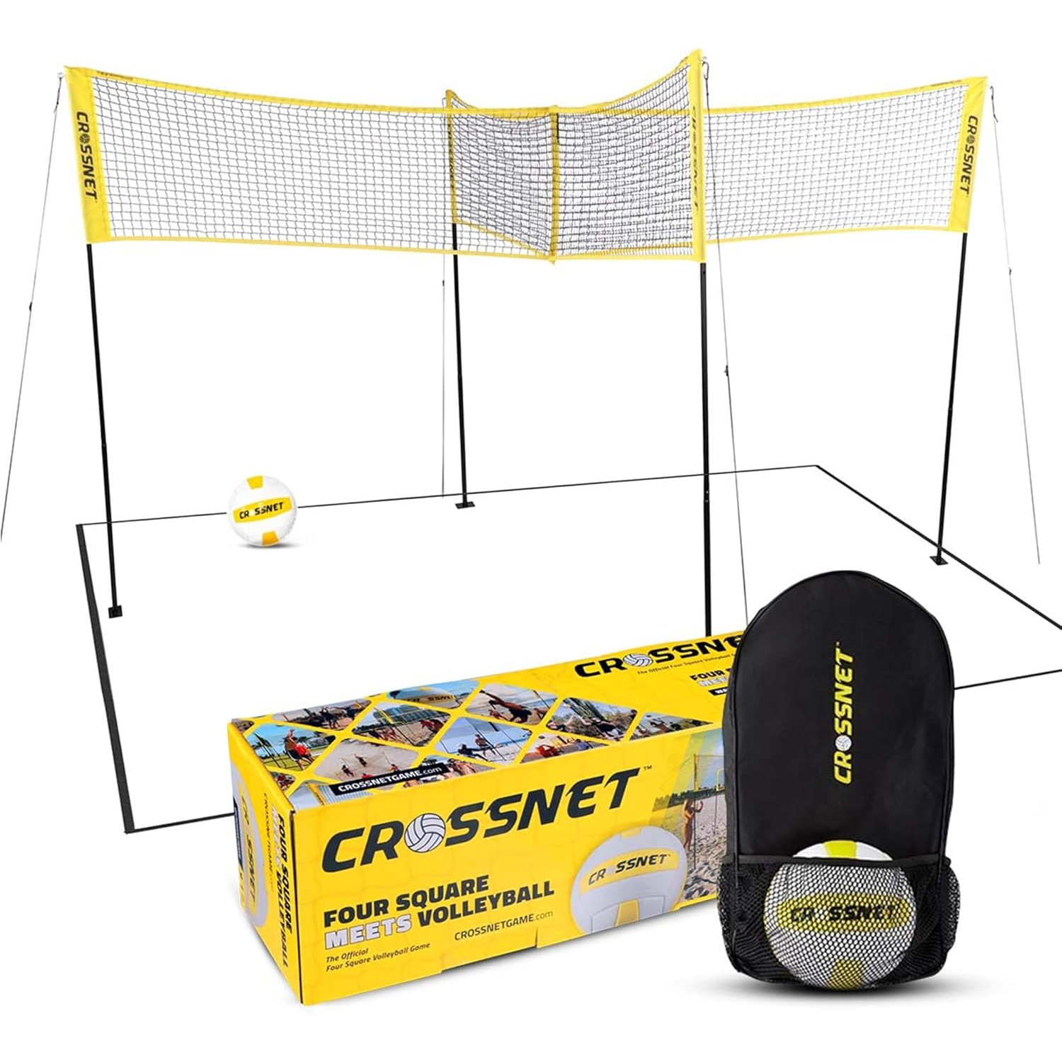 CROSSNET Original 4 Square Volleyball Net and Backyard Yard Gameset - Yellow
