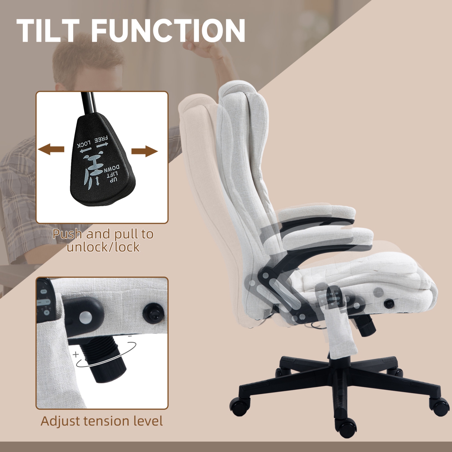 Vinsetto Massage Office Chair with with 6-Point Vibration, Linen Reclining Executive Office Chair with High Back, Swivel Wheels, White