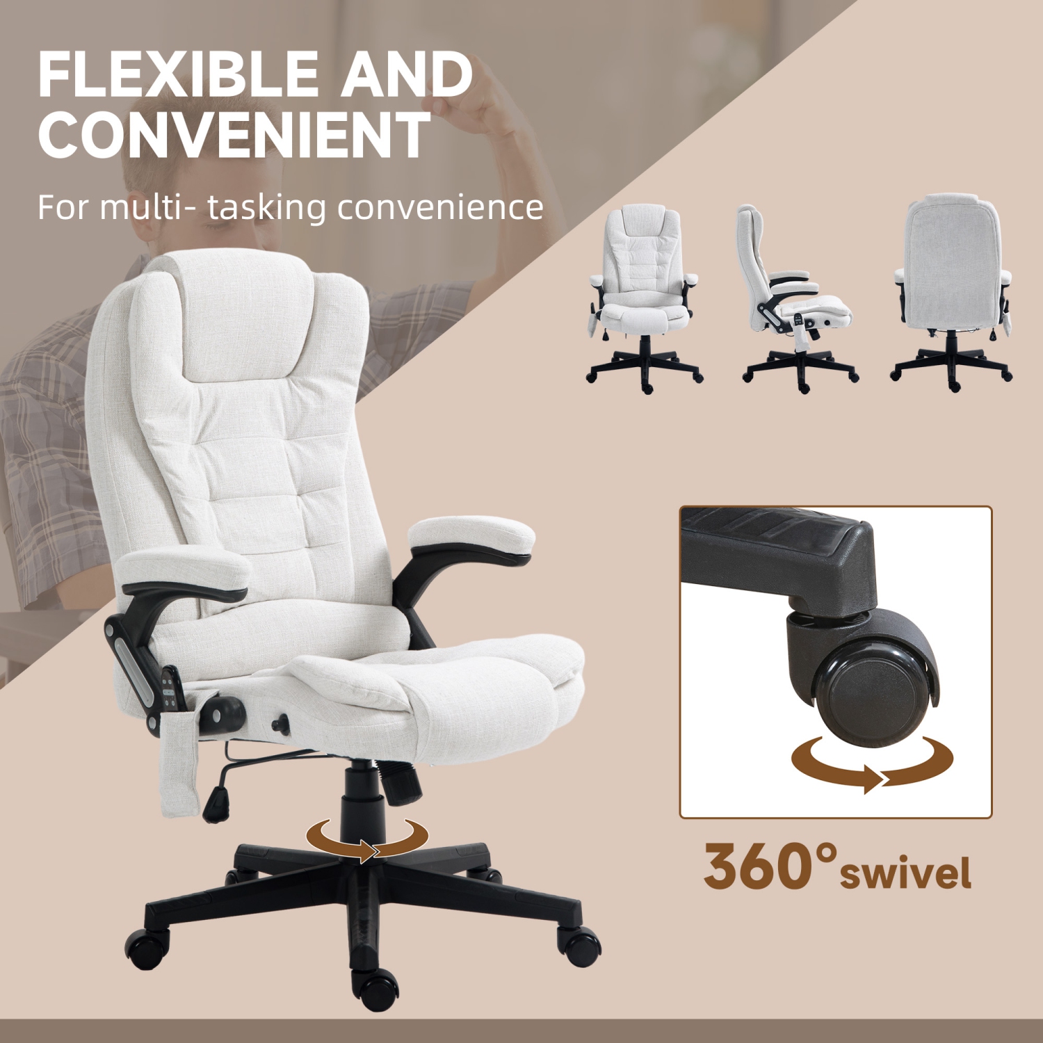 Vinsetto Massage Office Chair with with 6-Point Vibration, Linen Reclining Executive Office Chair with High Back, Swivel Wheels, White