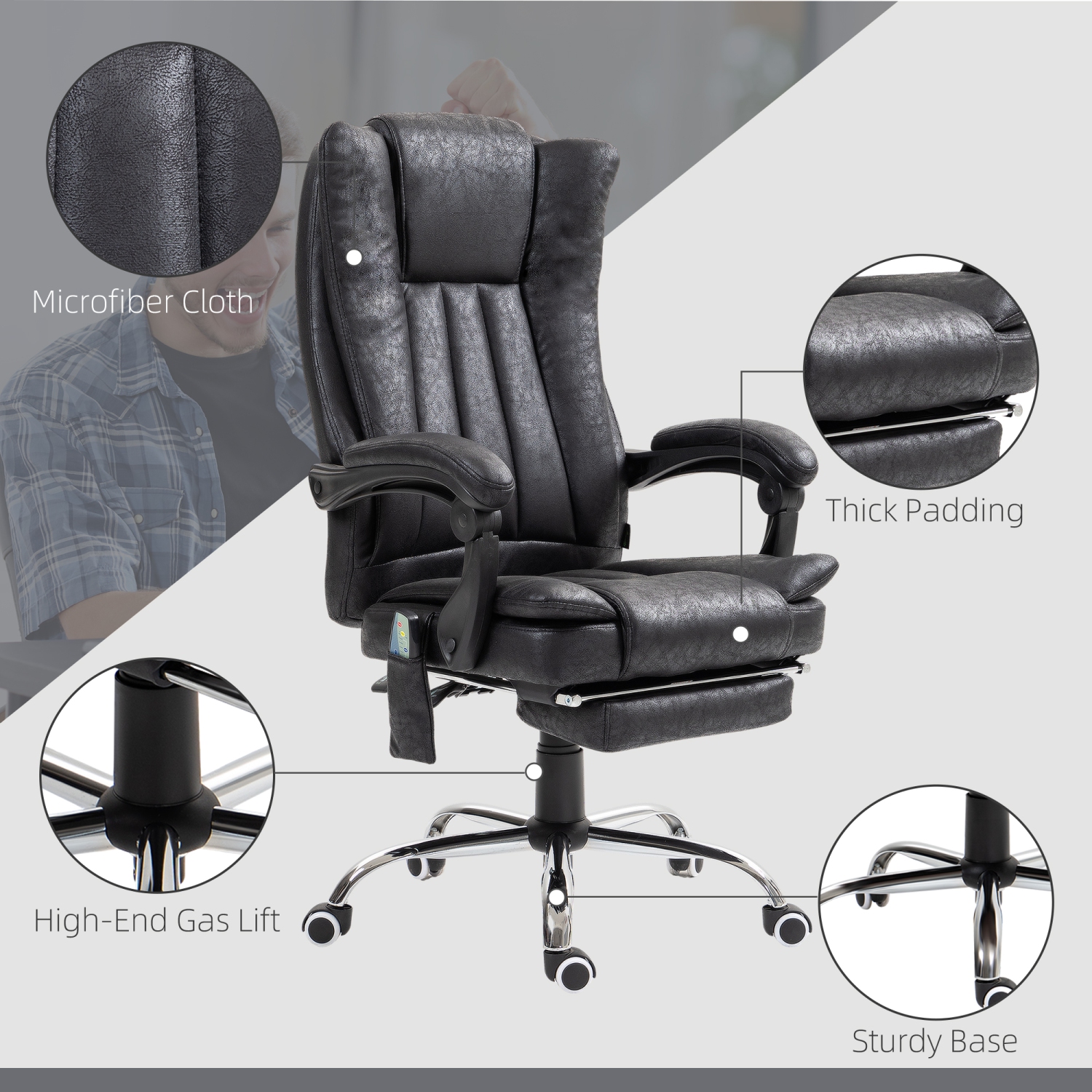 Vinsetto Executive Office Chair with Vibration Massage, Microfiber Reclining Computer Chair with Footrest, Adjustable Height, Timer, Swivel Wheels,