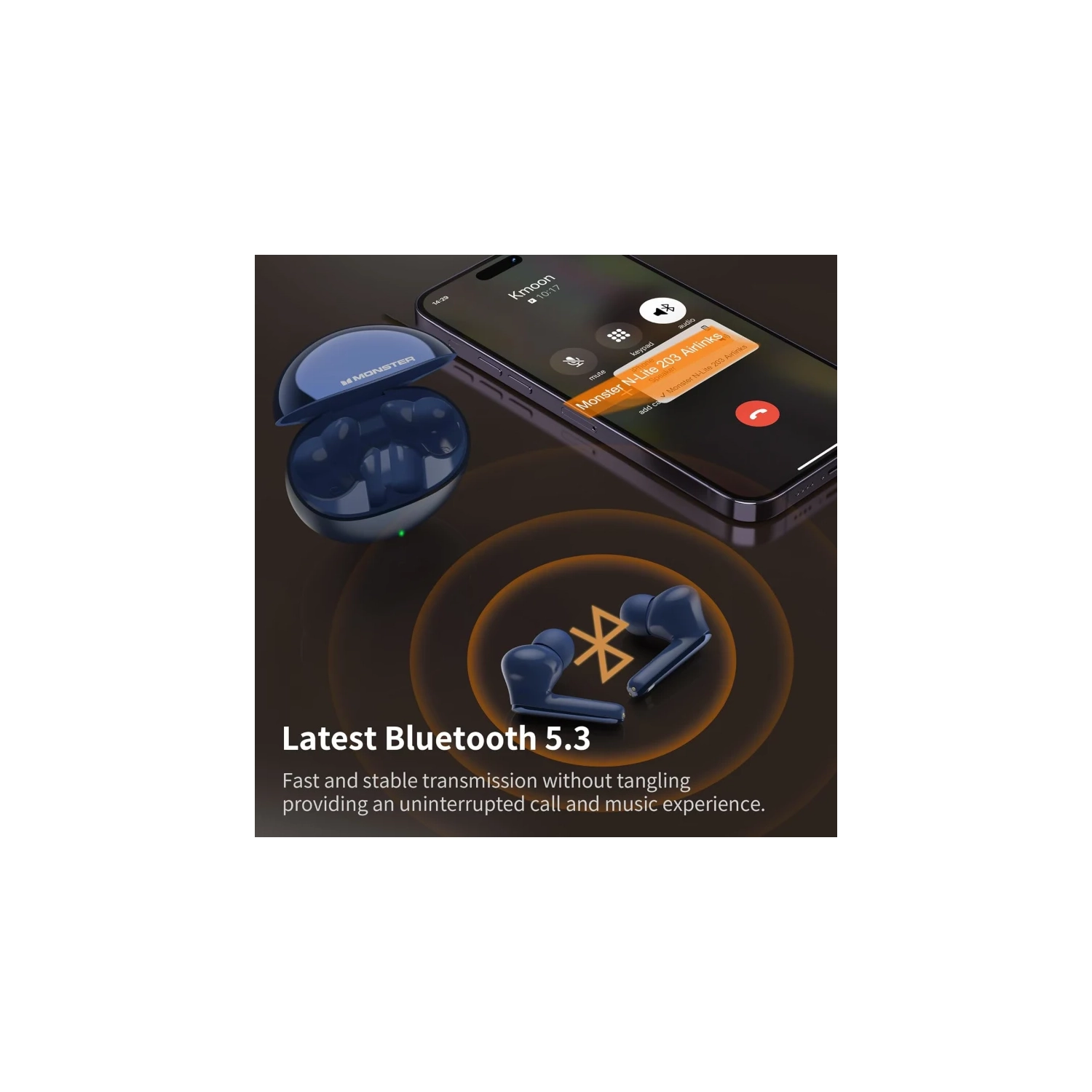 Monster N-Lite 203 AirLinks Wireless Earbuds, Bluetooth 5.3 Headphones with HiFi Stereo, Crystal Clear Calls, 30H Playback, Type-C Charging, Touch