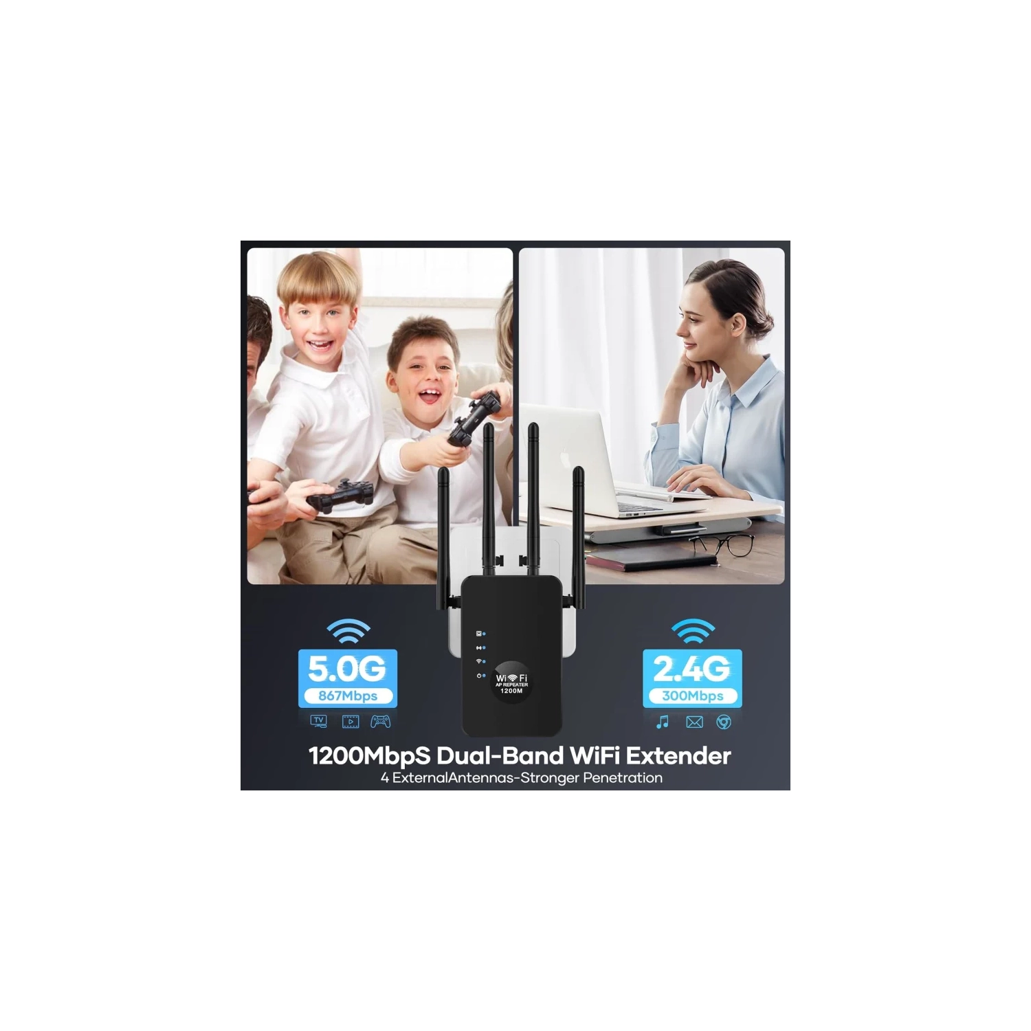 Amplificateur Wi-Fi 1200 Mb/s, prolongateur de portée Wi-Fi bibande pour grand bureau à domicile, prise en charge de plusieurs appareils (noir)