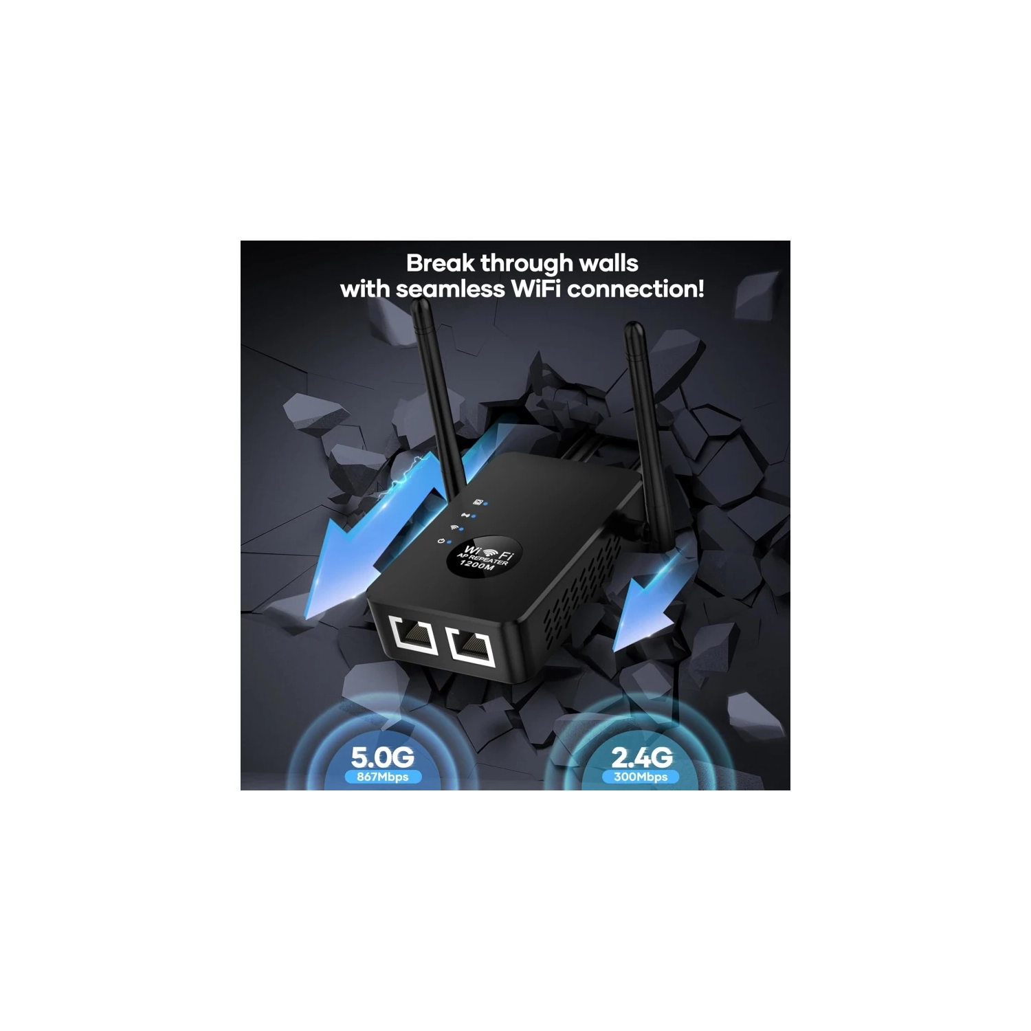 Amplificateur Wi-Fi 1200 Mb/s, prolongateur de portée Wi-Fi bibande pour grand bureau à domicile, prise en charge de plusieurs appareils (noir)