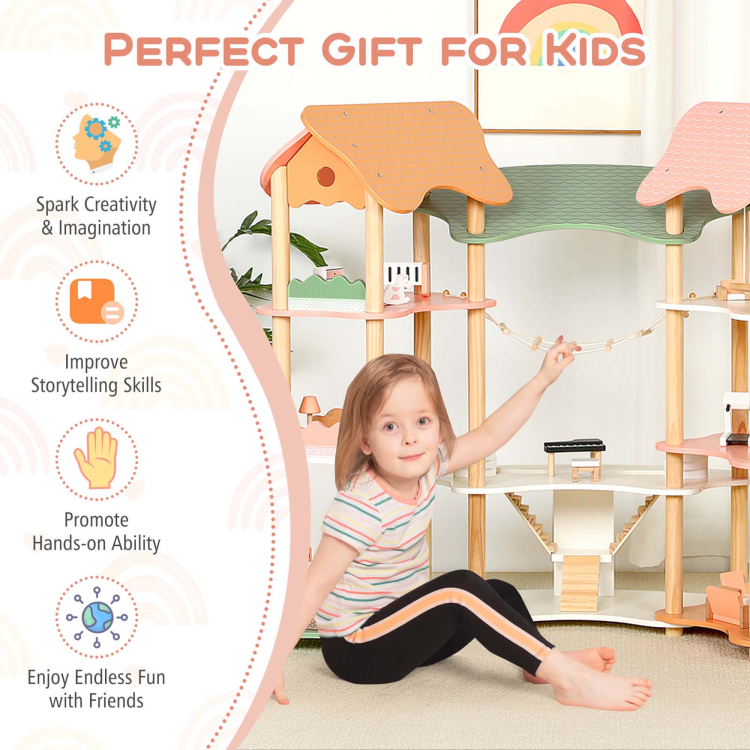 Hoenyjoy Kids Wooden Dollhouse Aged 3-8 Years Old with 32PCS Realistic Furniture Accessories