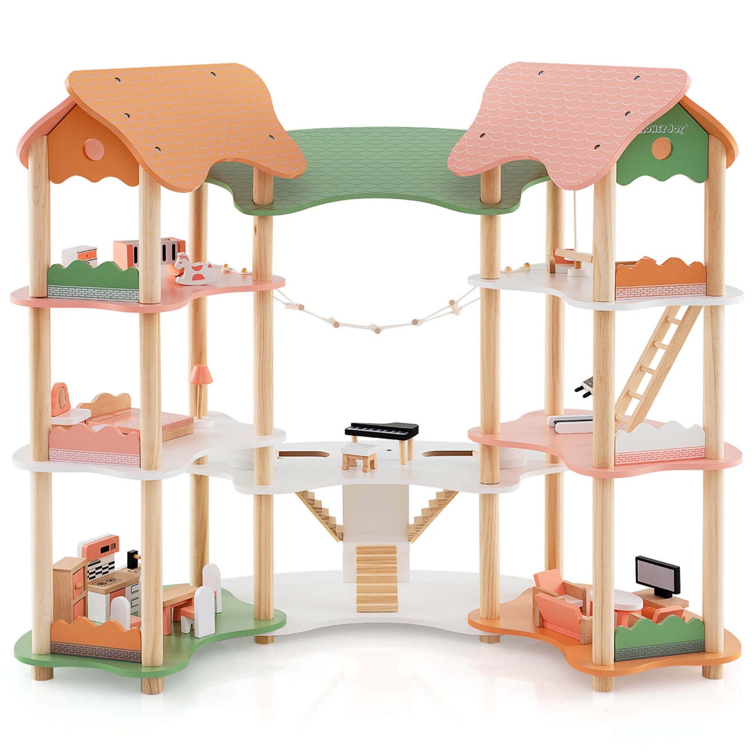 Hoenyjoy Kids Wooden Dollhouse Aged 3-8 Years Old with 32PCS Realistic Furniture Accessories