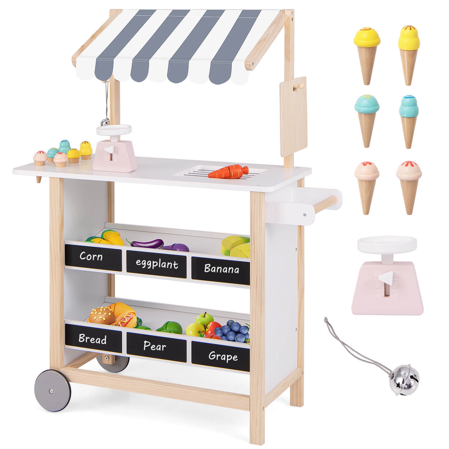 Costway Kids Ice Cream Cart Wooden Toddler Farmers Market Stand with Chalkboard & Storage